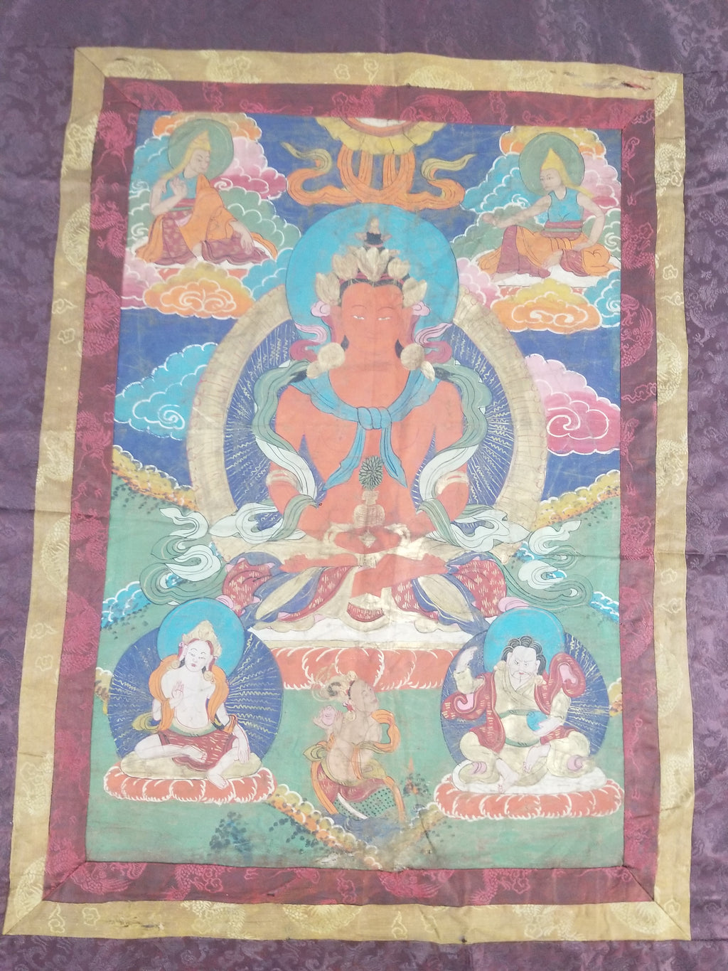 Antique Tibetan Hand Painted Amitayus Thangka Wall Hanging 113x69cm