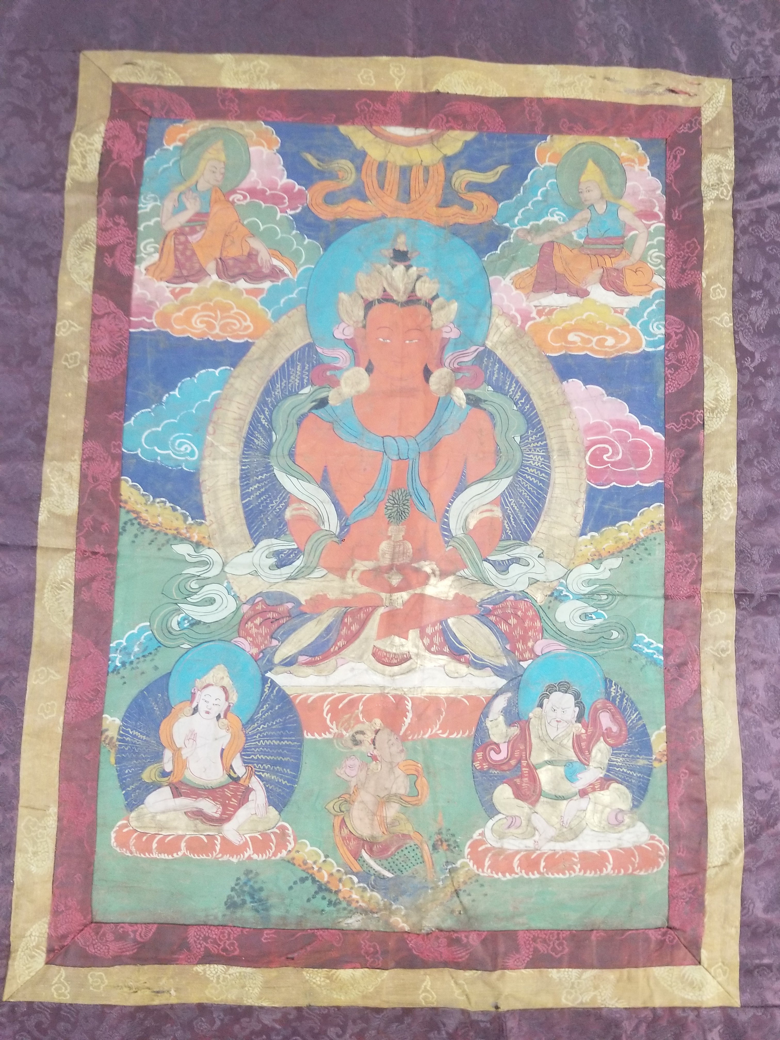 Antique Tibetan Hand Painted Amitayus Thangka Wall Hanging 113x69cm