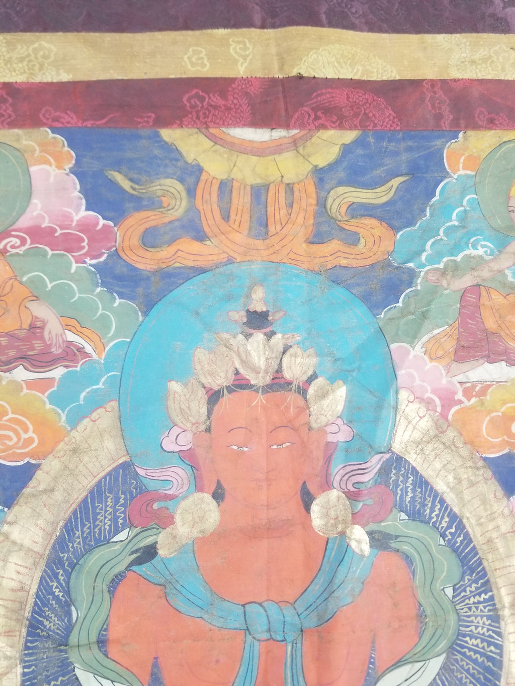 Antique Tibetan Hand Painted Amitayus Thangka Wall Hanging 113x69cm