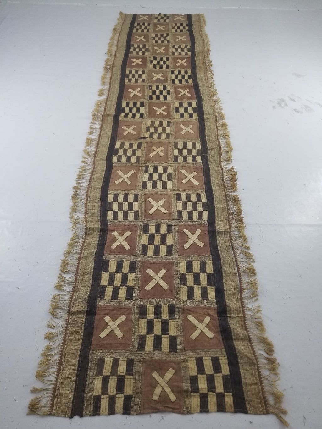 Vintage African Kuba Cloth Raffia Appliqué Tribal Textile Runner 333x72cm