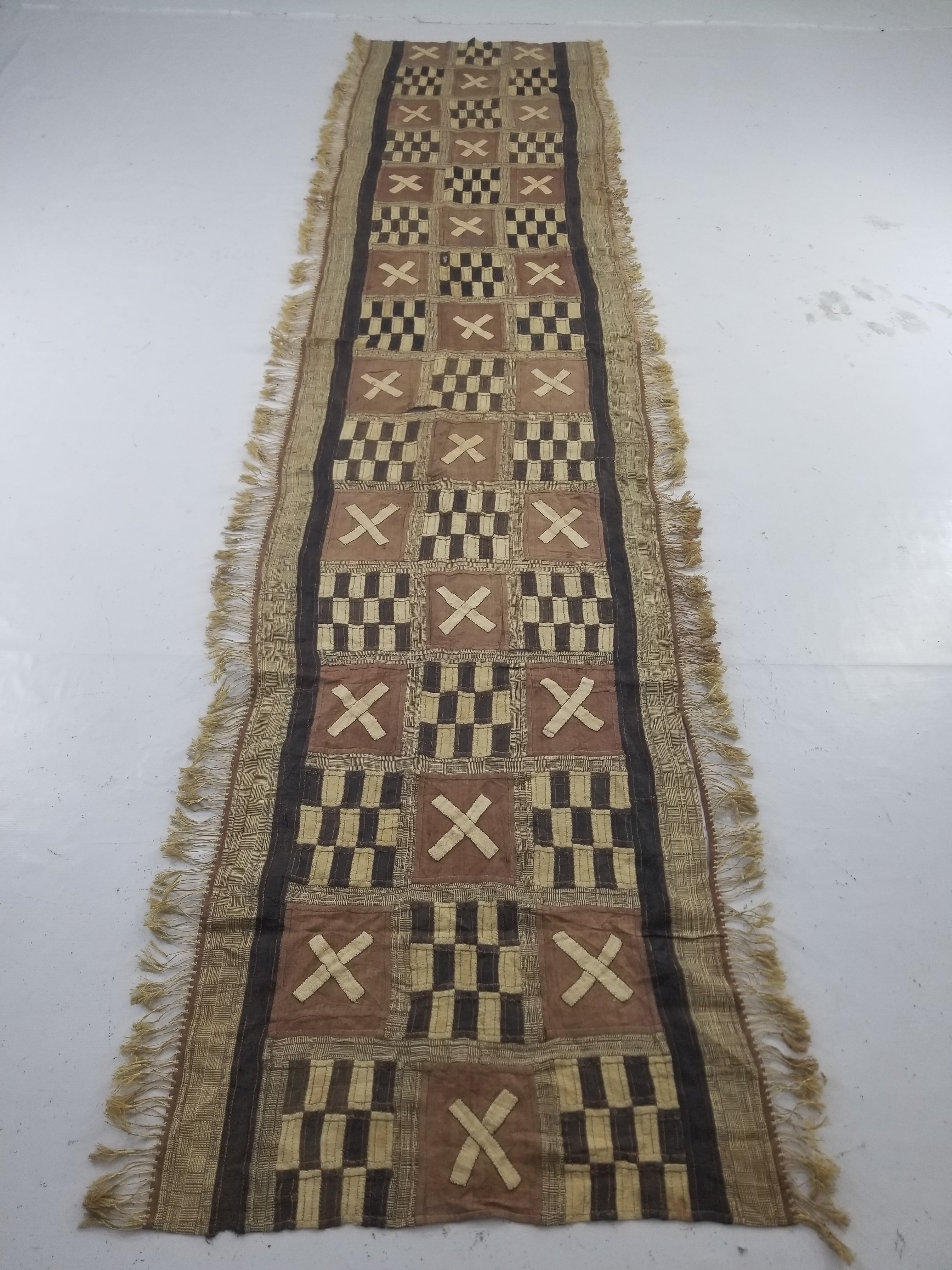 Vintage African Kuba Cloth Raffia Appliqué Tribal Textile Runner 333x72cm