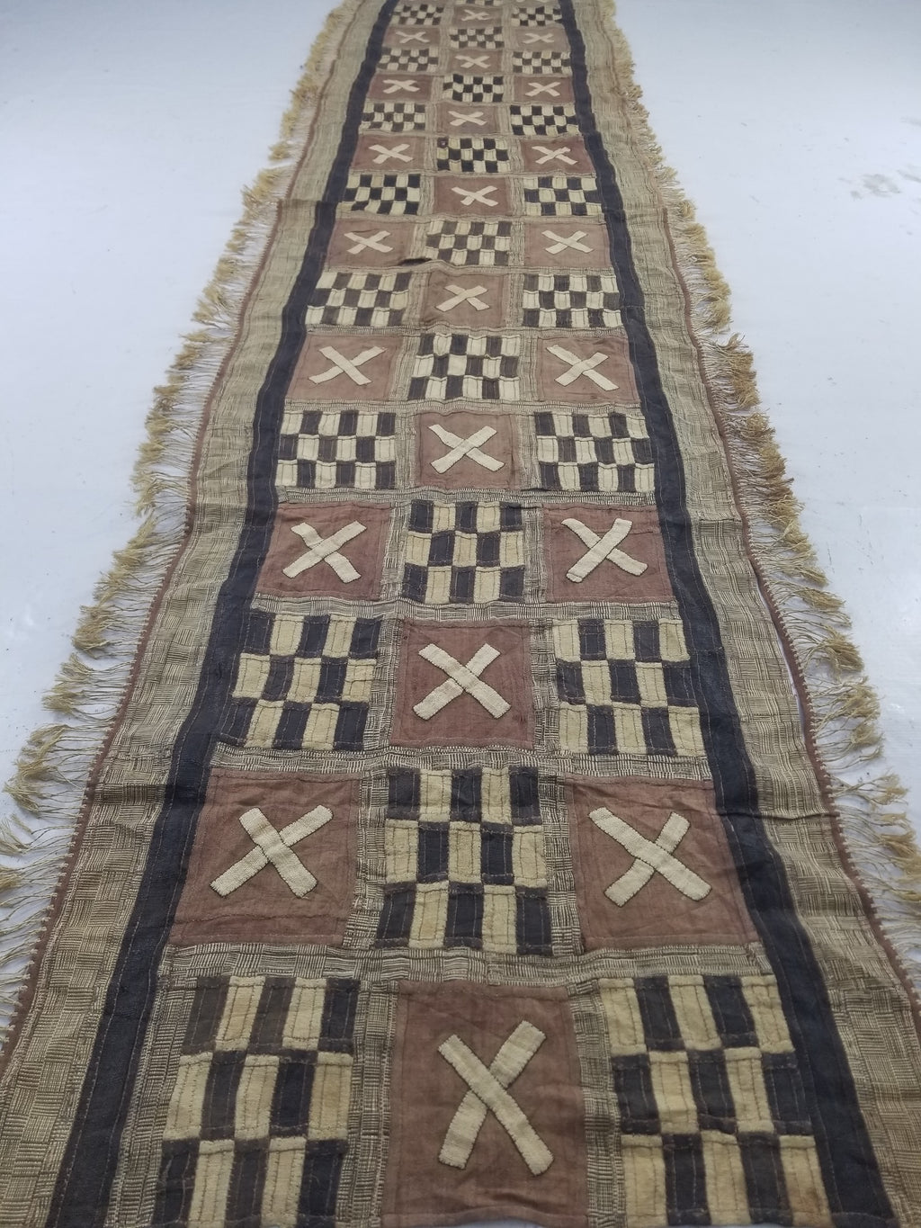 Vintage African Kuba Cloth Raffia Appliqué Tribal Textile Runner 333x72cm