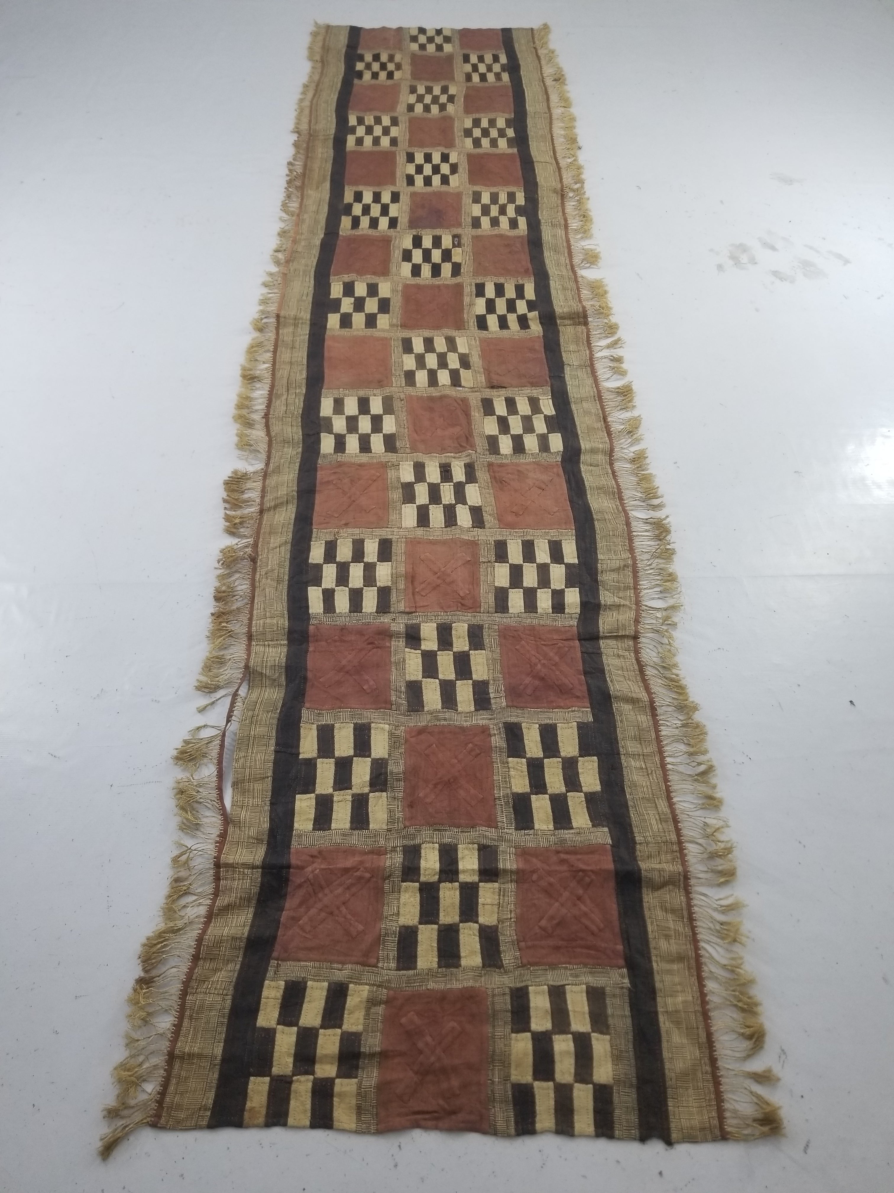 Vintage African Kuba Cloth Raffia Appliqué Tribal Textile Runner 333x72cm