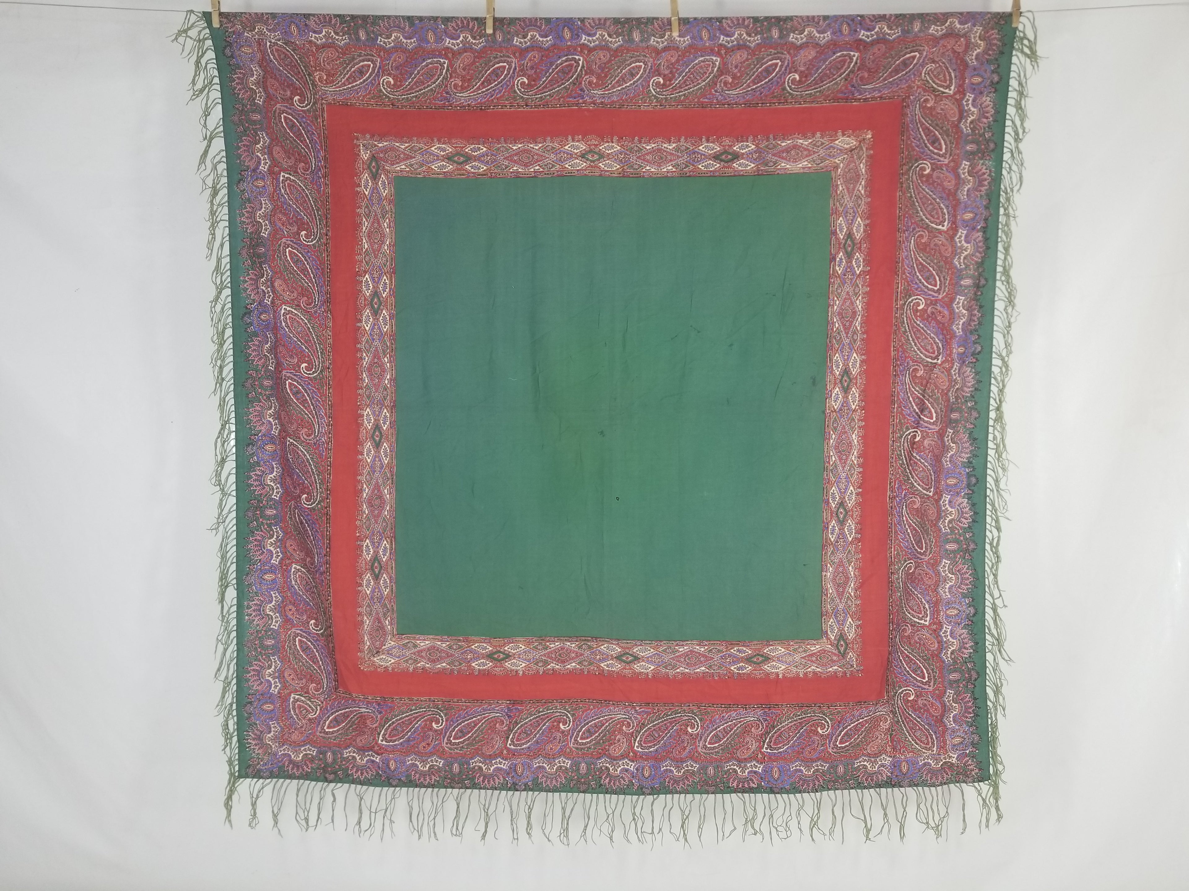 Vintage Traditional Kashmiri Handwoven Paisley Fringed Shawl 158x157cm