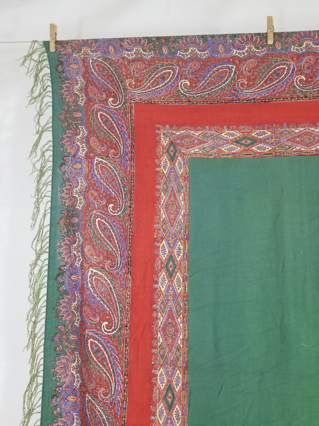 Vintage Traditional Kashmiri Handwoven Paisley Fringed Shawl 158x157cm