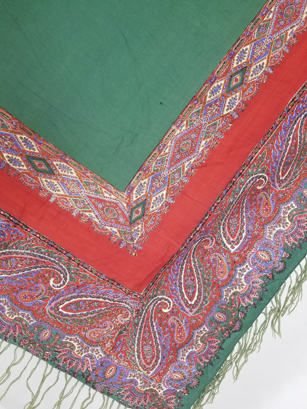 Vintage Traditional Kashmiri Handwoven Paisley Fringed Shawl 158x157cm