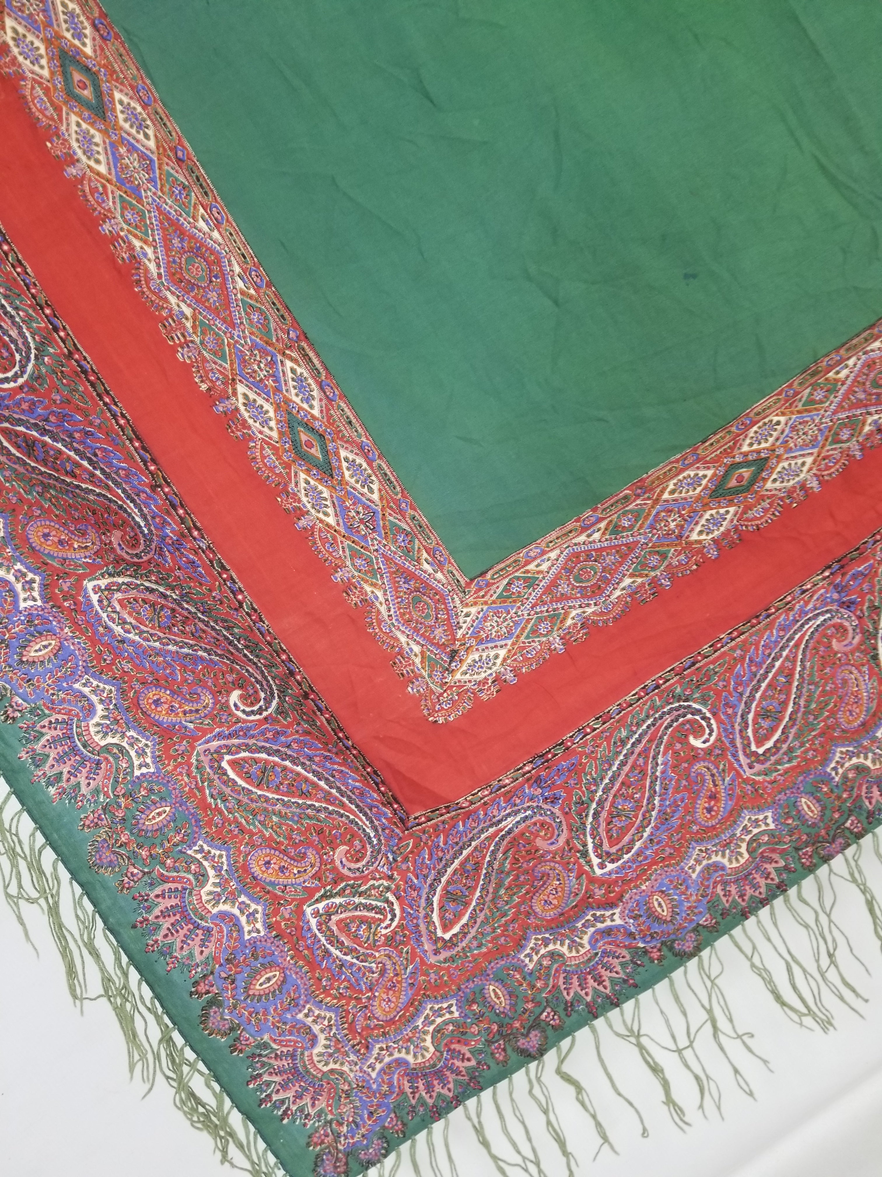 Vintage Traditional Kashmiri Handwoven Paisley Fringed Shawl 158x157cm