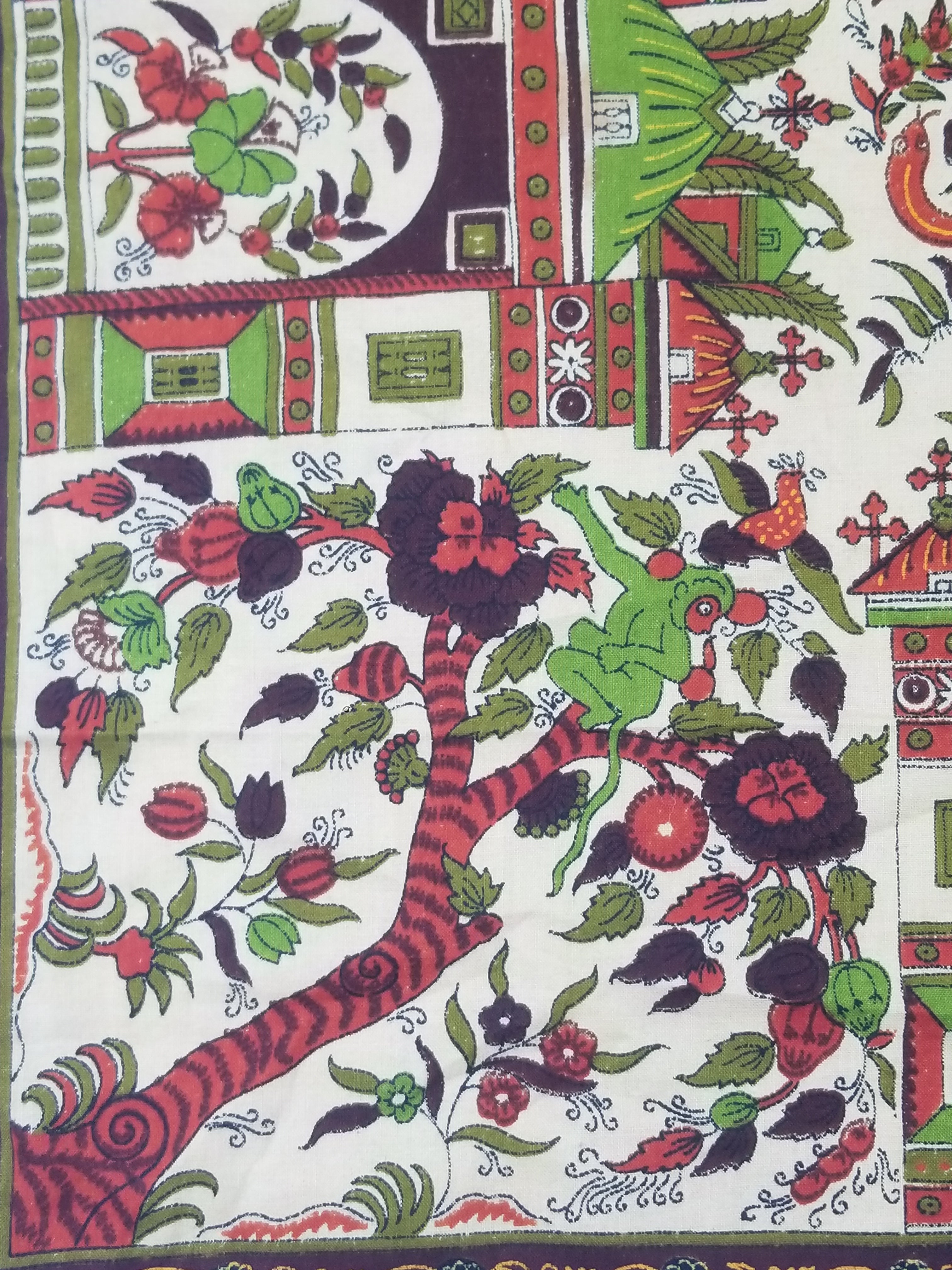 Vintage Chinese Floral & Wildlife Block Printed Wall Hanging  175x116cm