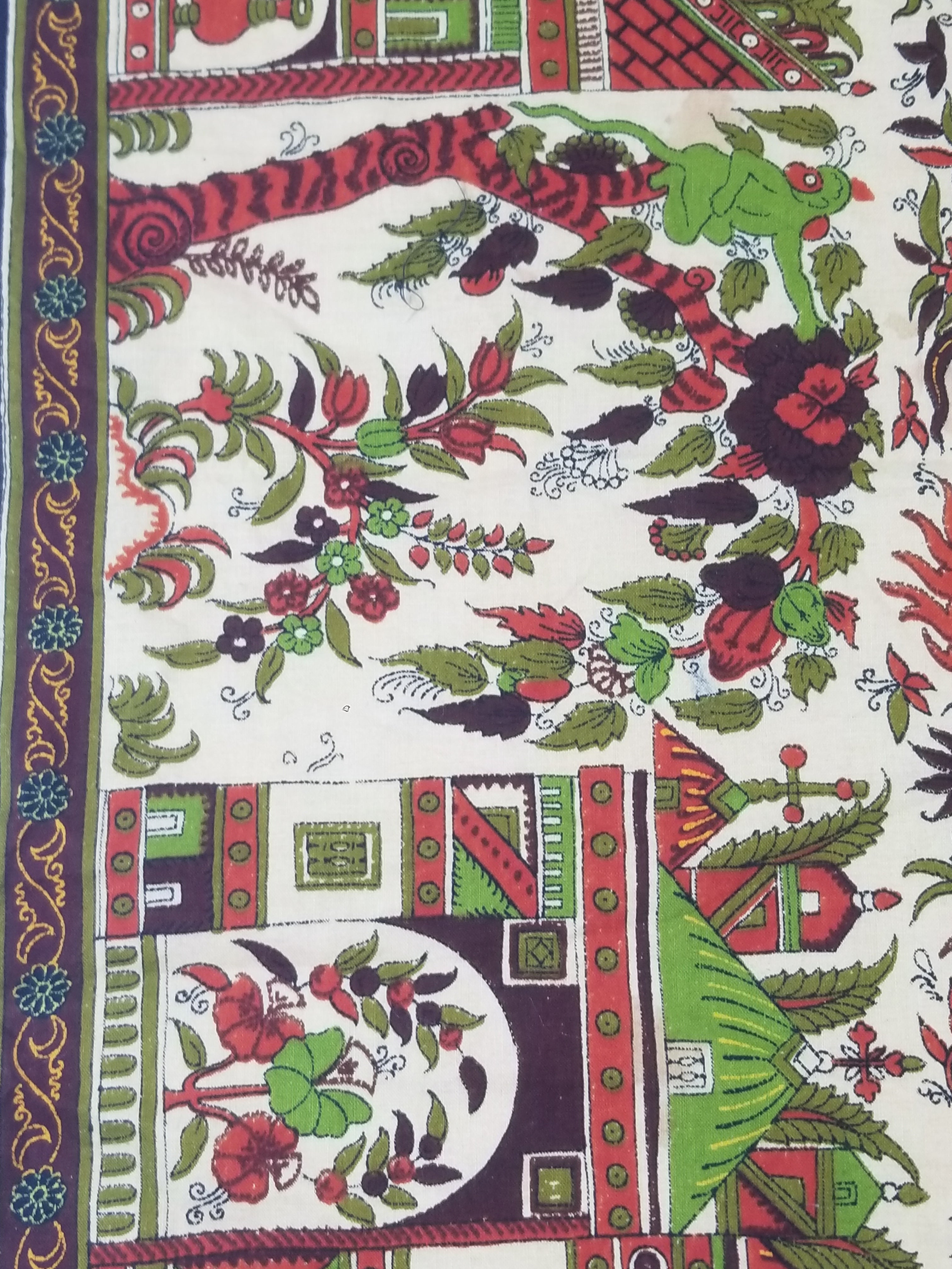 Vintage Chinese Floral & Wildlife Block Printed Wall Hanging  175x116cm