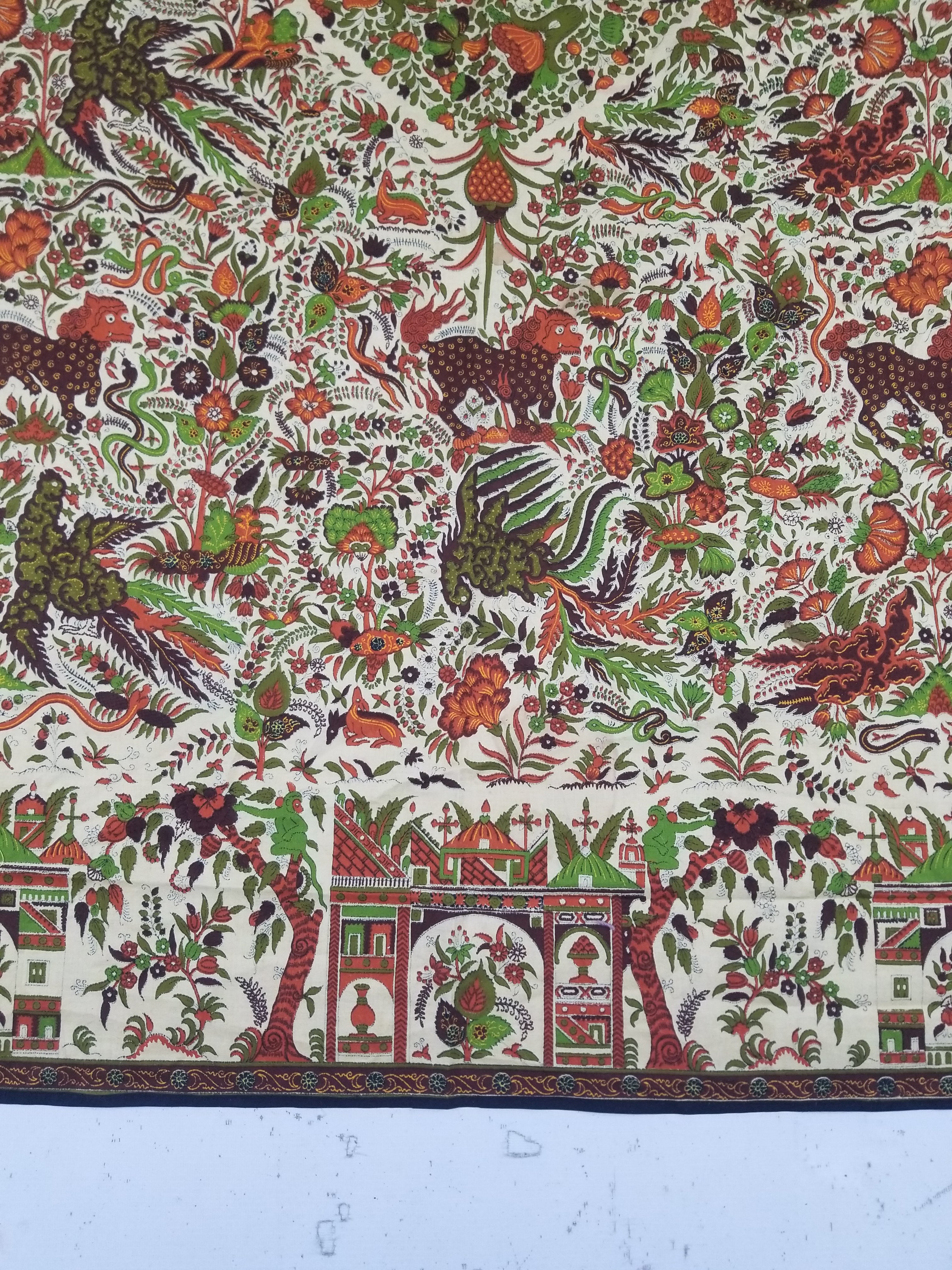 Vintage Chinese Floral & Wildlife Block Printed Wall Hanging  175x116cm