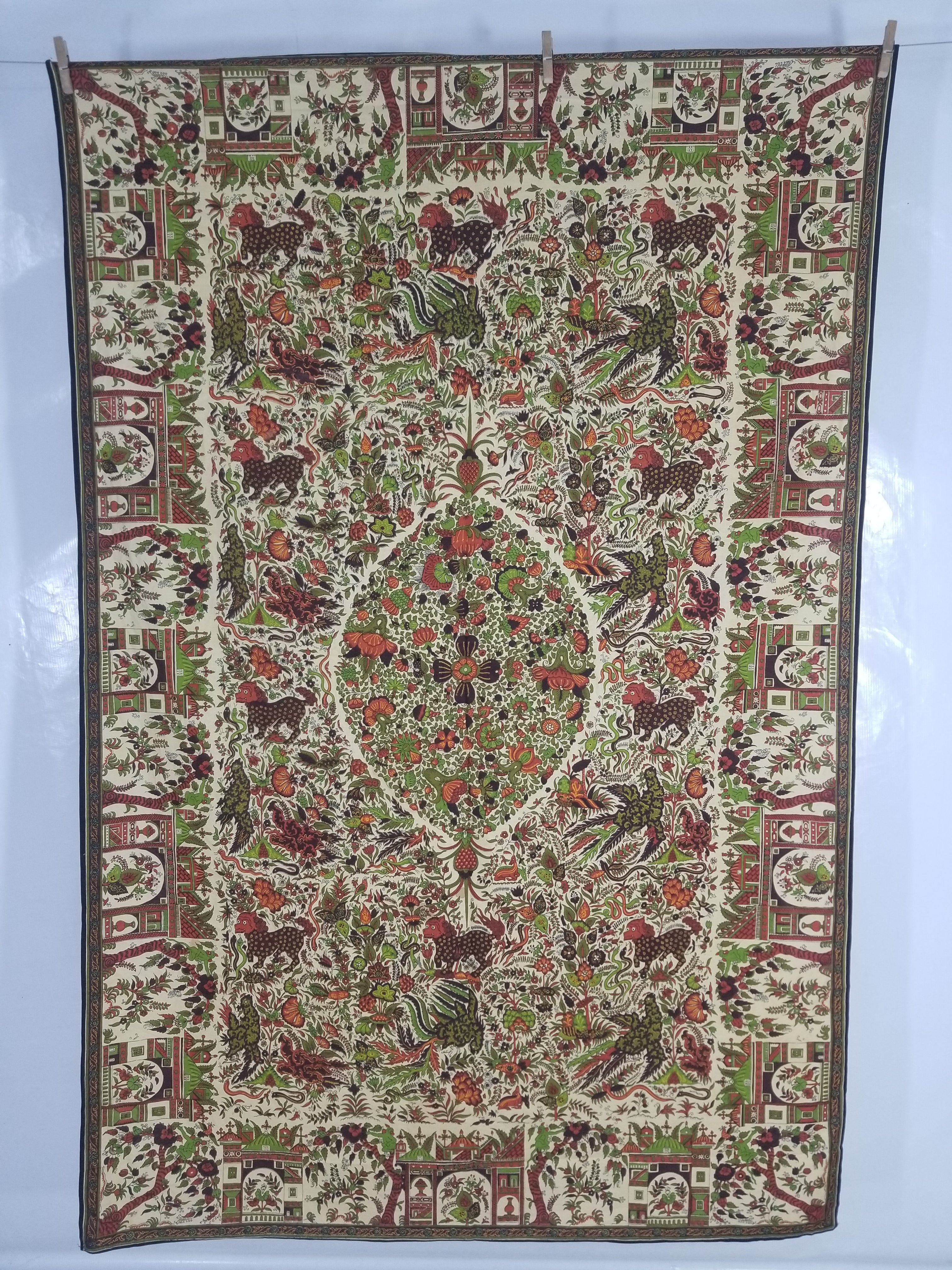 Vintage Chinese Floral & Wildlife Block Printed Wall Hanging  175x116cm