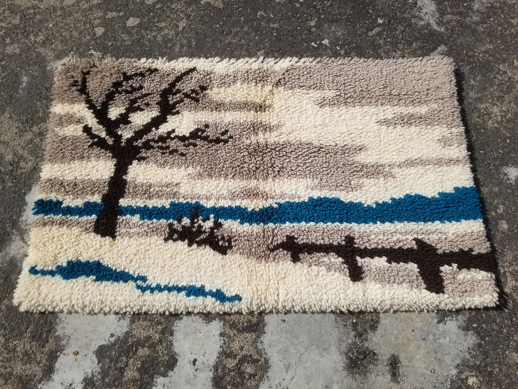Vintage Traditional Handmade Scandinavian Rya Shaggy Wool Tapestry Rug 78x48cm