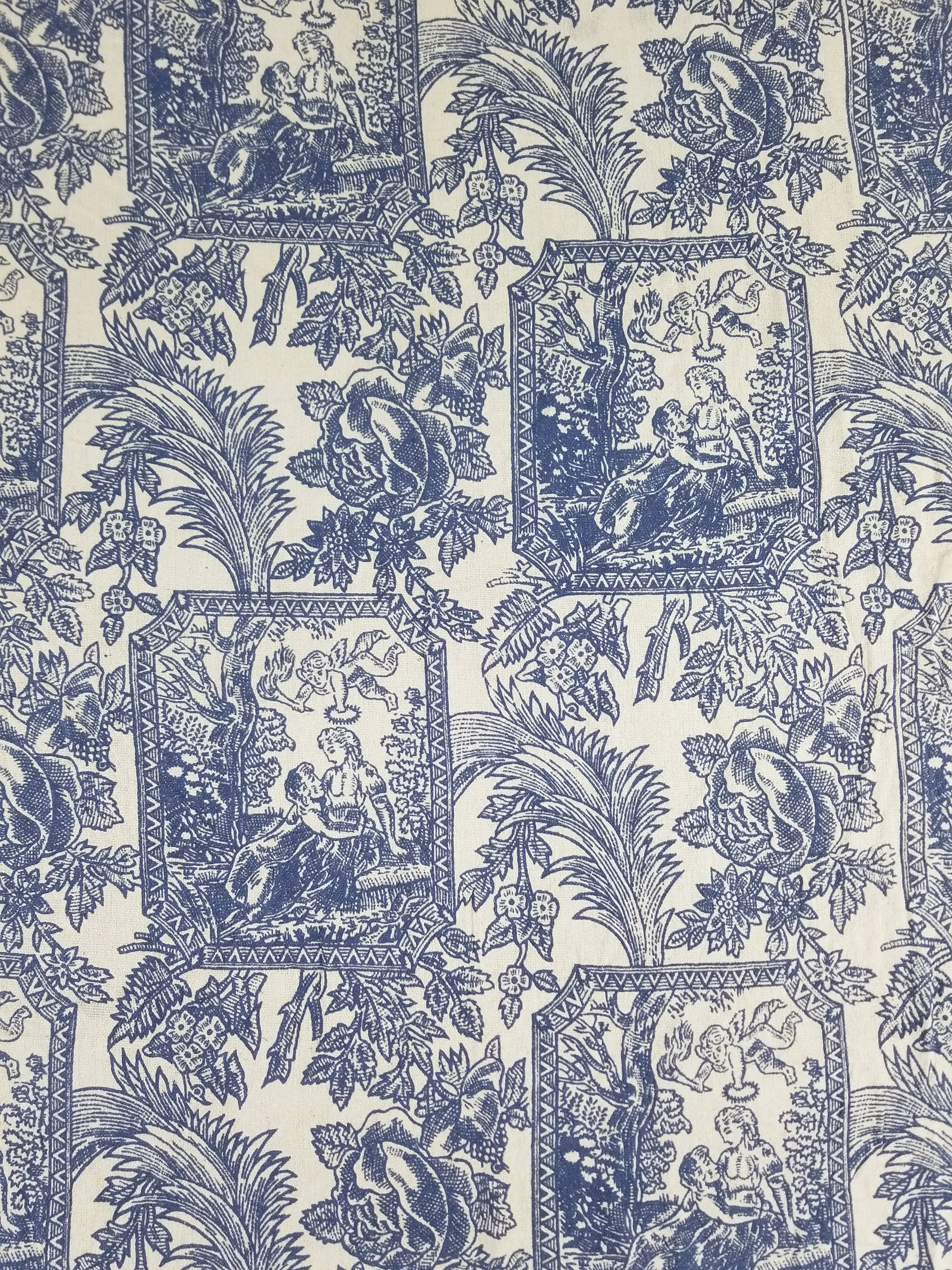 Vintage French Toile de Jouy Printed Romantic Scenic Textile Panel 305x129cm