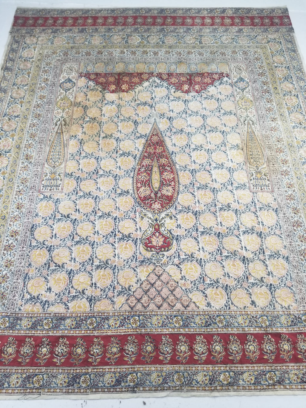 Vintage Indian Kalamkari Hand Block Printed Paisley Besdpread 271x216cm