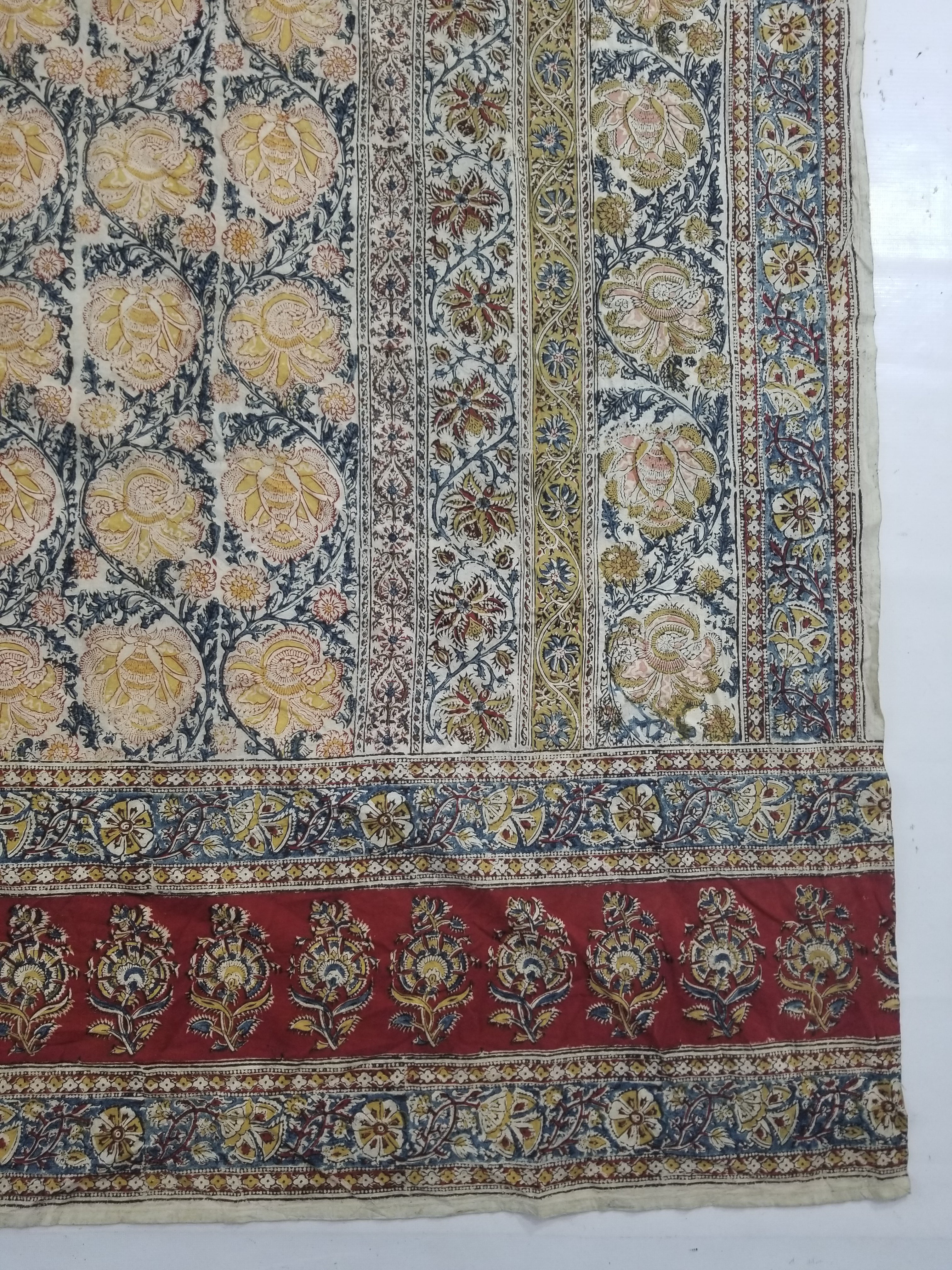 Vintage Indian Kalamkari Hand Block Printed Paisley Besdpread 271x216cm