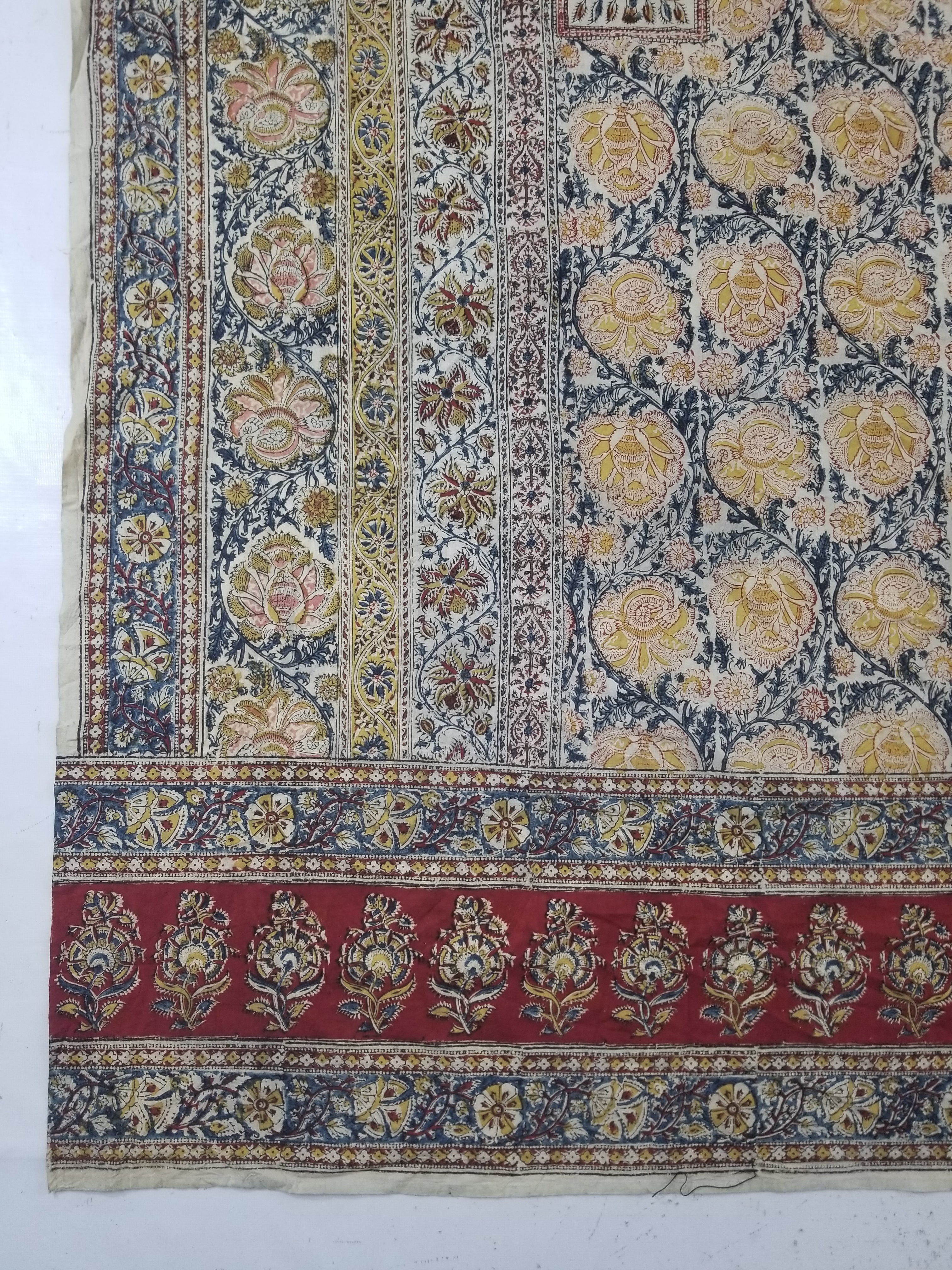 Vintage Indian Kalamkari Hand Block Printed Paisley Besdpread 271x216cm
