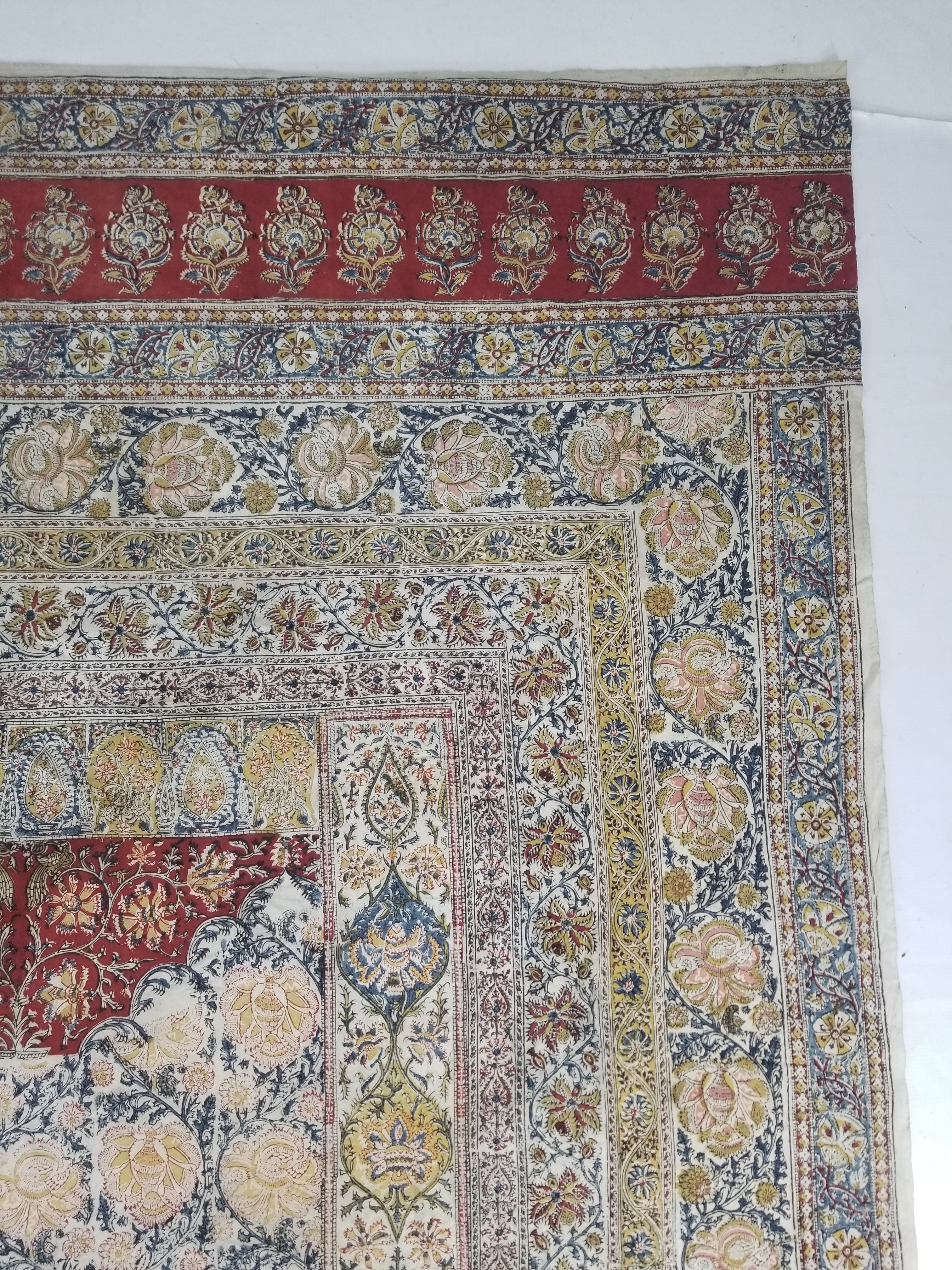 Vintage Indian Kalamkari Hand Block Printed Paisley Besdpread 271x216cm