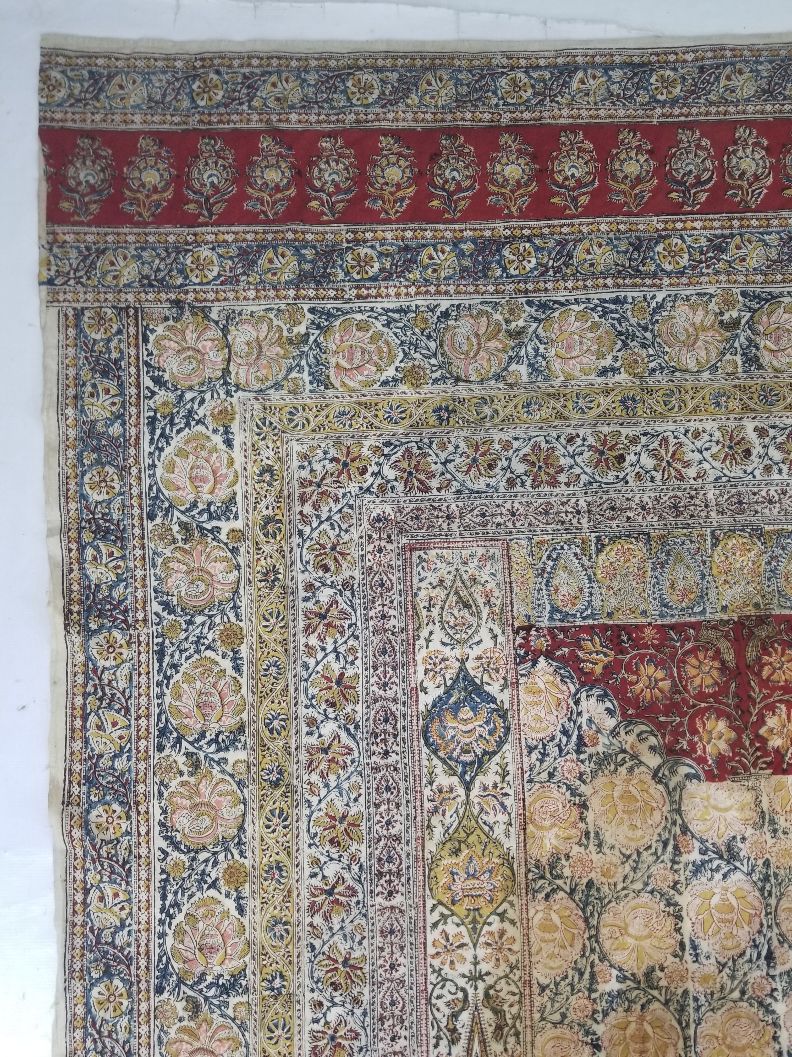 Vintage Indian Kalamkari Hand Block Printed Paisley Besdpread 271x216cm