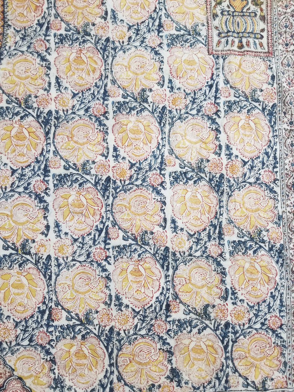 Vintage Indian Kalamkari Hand Block Printed Paisley Besdpread 271x216cm