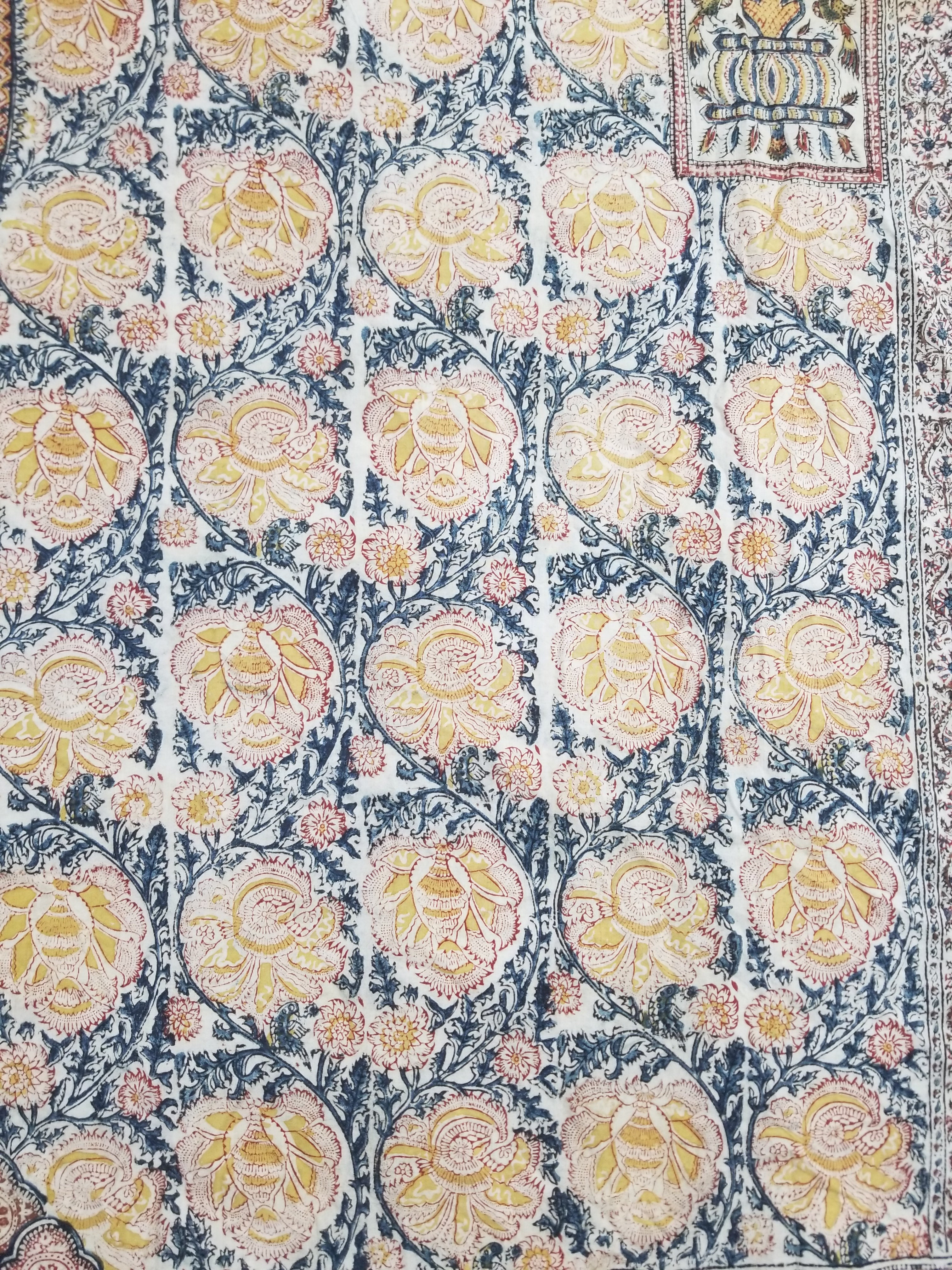 Vintage Indian Kalamkari Hand Block Printed Paisley Besdpread 271x216cm