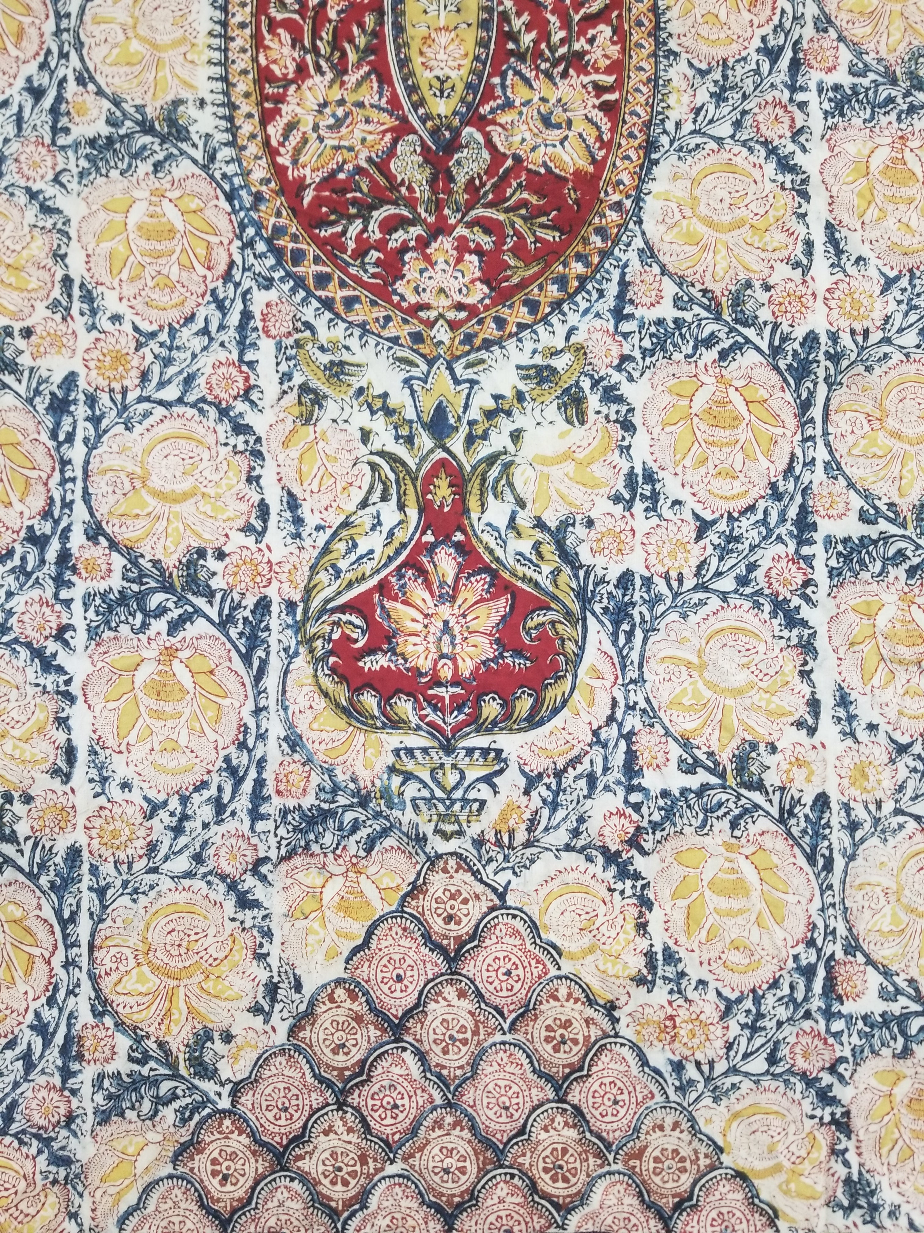 Vintage Indian Kalamkari Hand Block Printed Paisley Besdpread 271x216cm