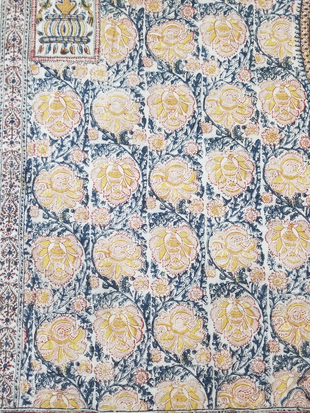 Vintage Indian Kalamkari Hand Block Printed Paisley Besdpread 271x216cm