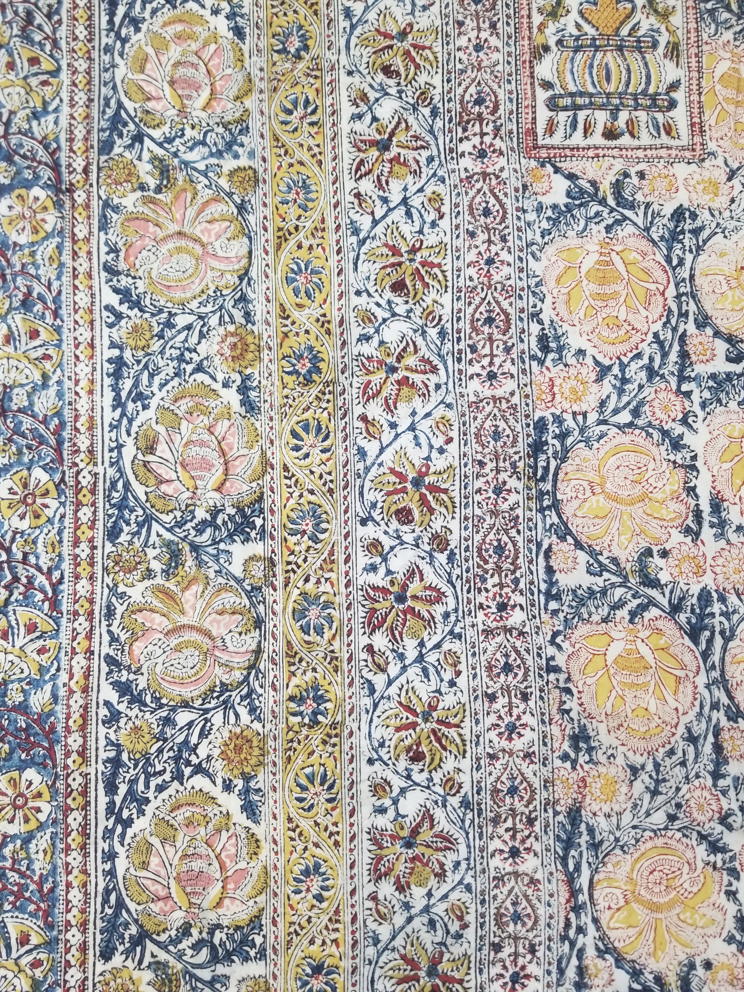 Vintage Indian Kalamkari Hand Block Printed Paisley Besdpread 271x216cm
