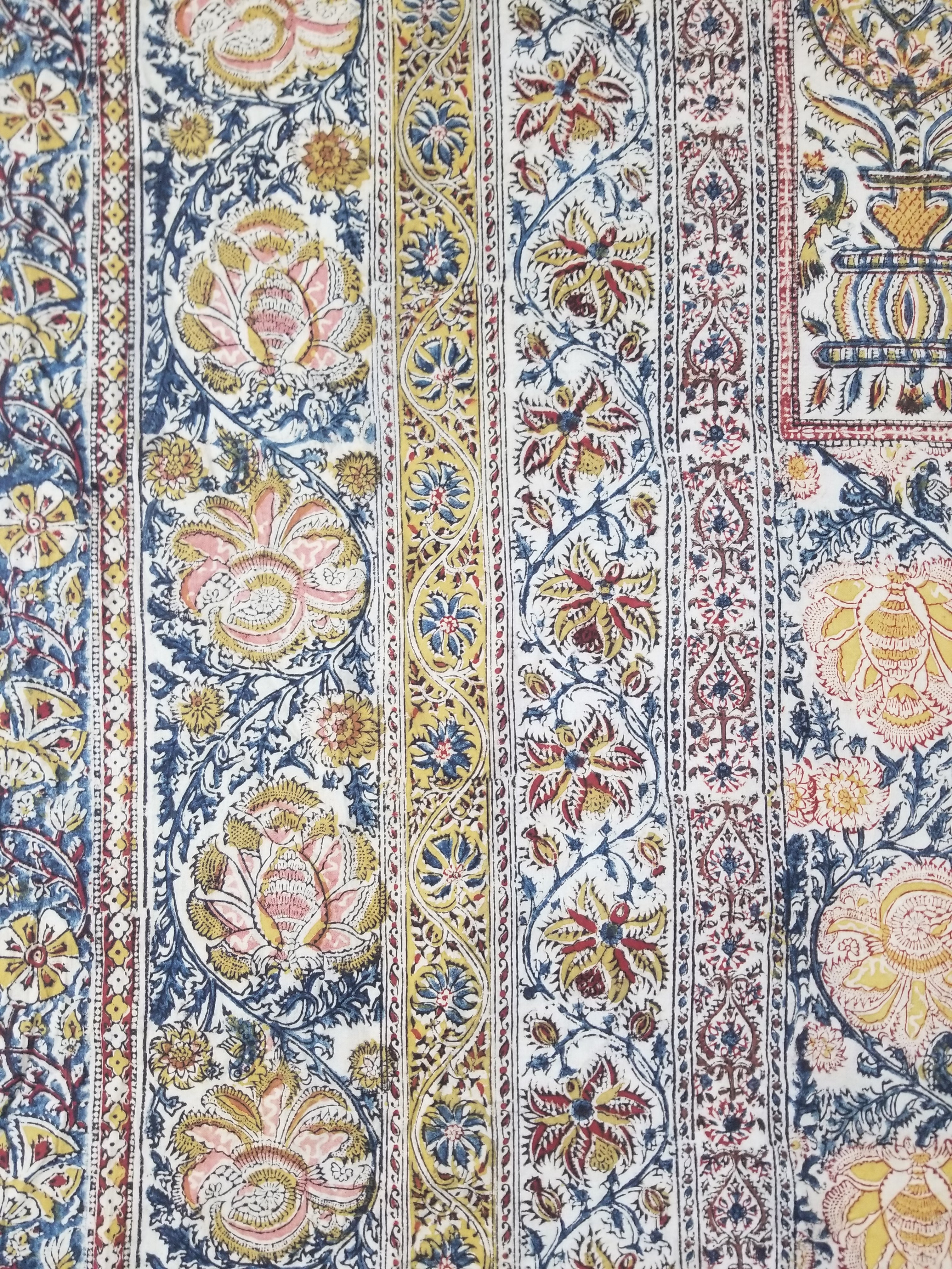 Vintage Indian Kalamkari Hand Block Printed Paisley Besdpread 271x216cm