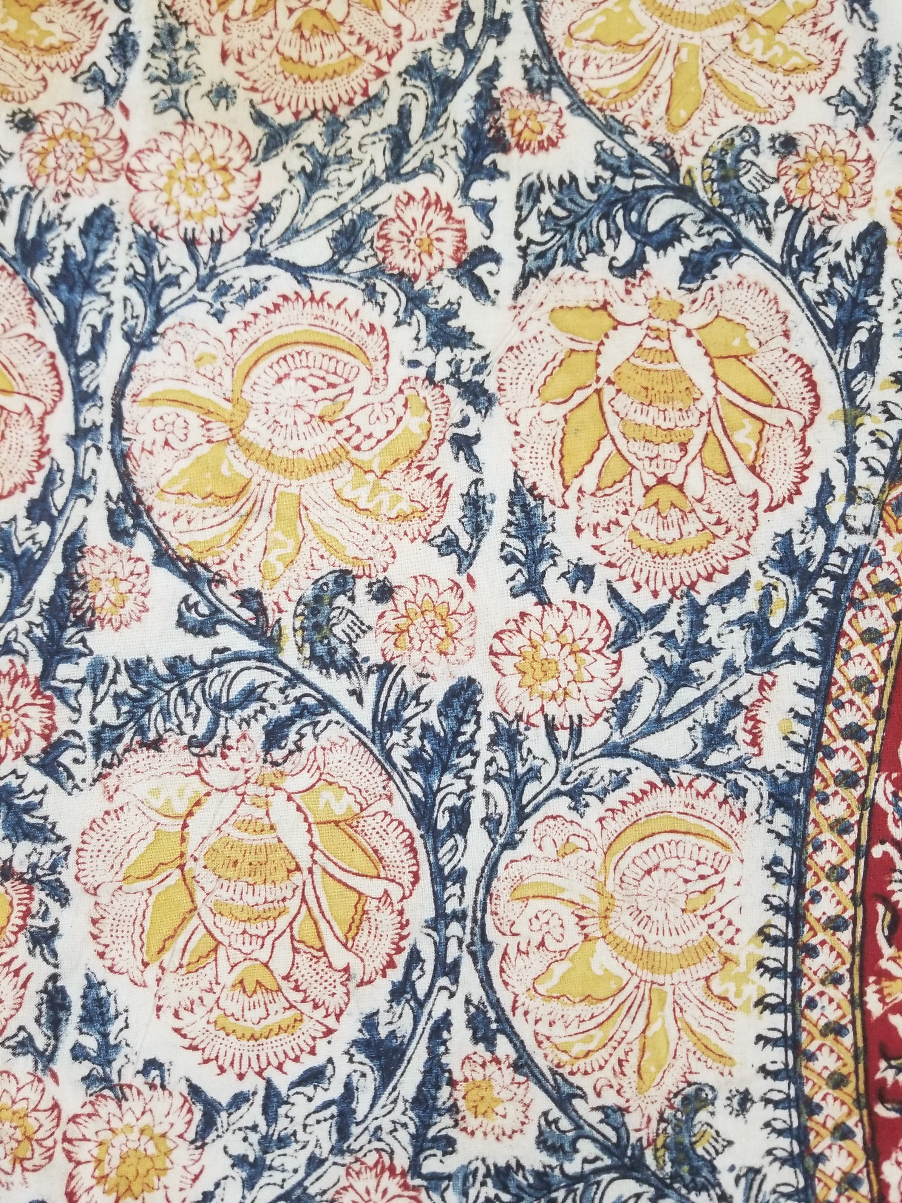 Vintage Indian Kalamkari Hand Block Printed Paisley Besdpread 271x216cm