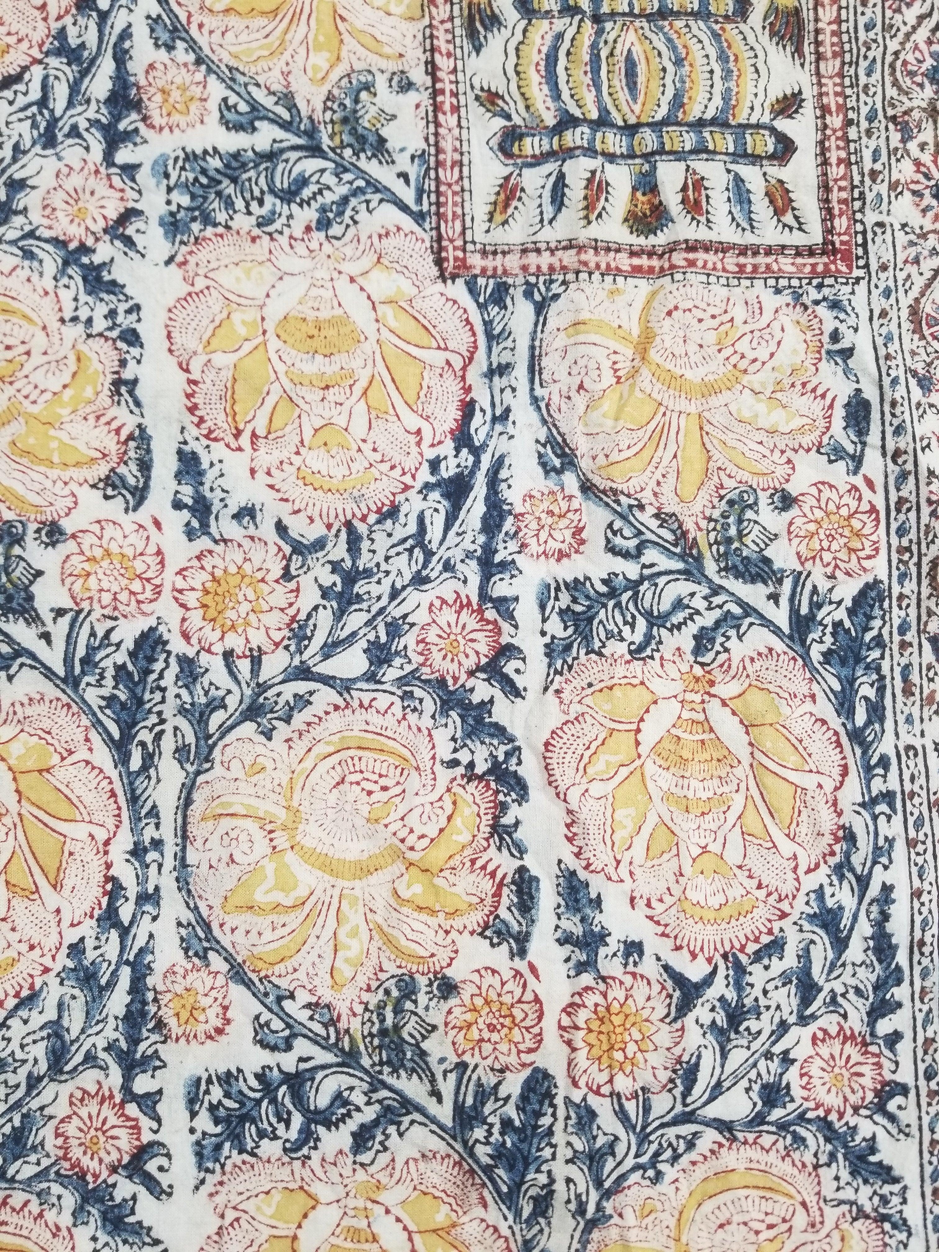Vintage Indian Kalamkari Hand Block Printed Paisley Besdpread 271x216cm