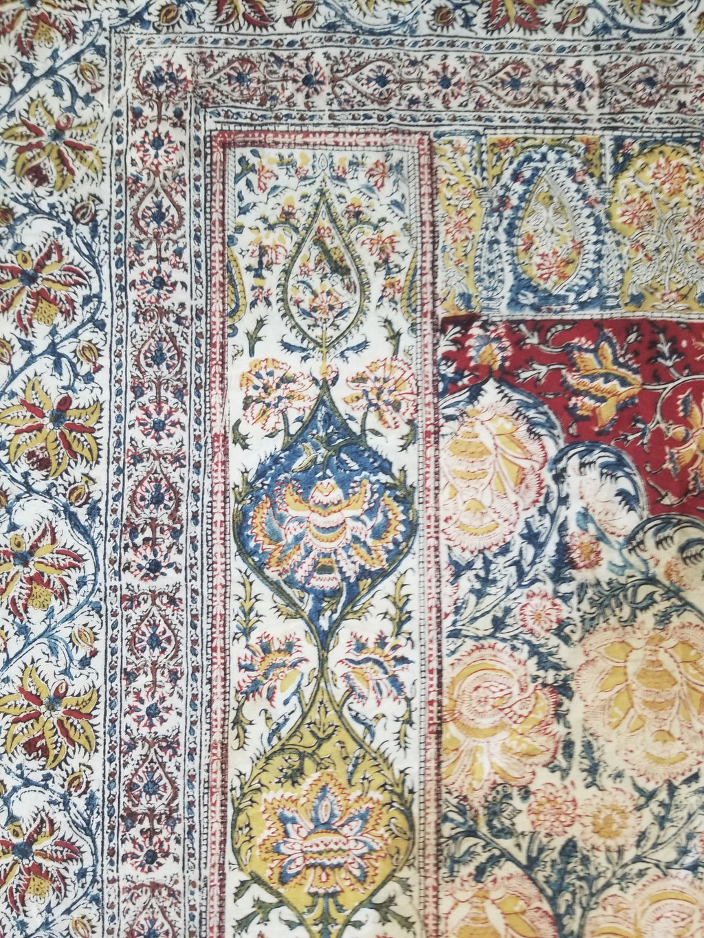 Vintage Indian Kalamkari Hand Block Printed Paisley Besdpread 271x216cm