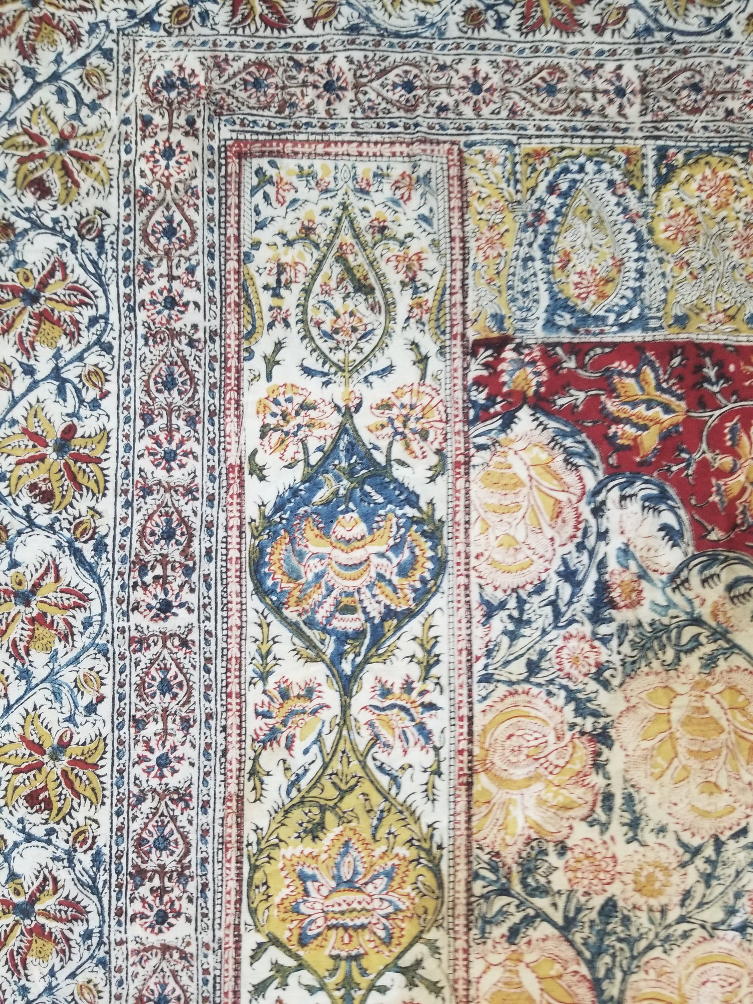Vintage Indian Kalamkari Hand Block Printed Paisley Besdpread 271x216cm