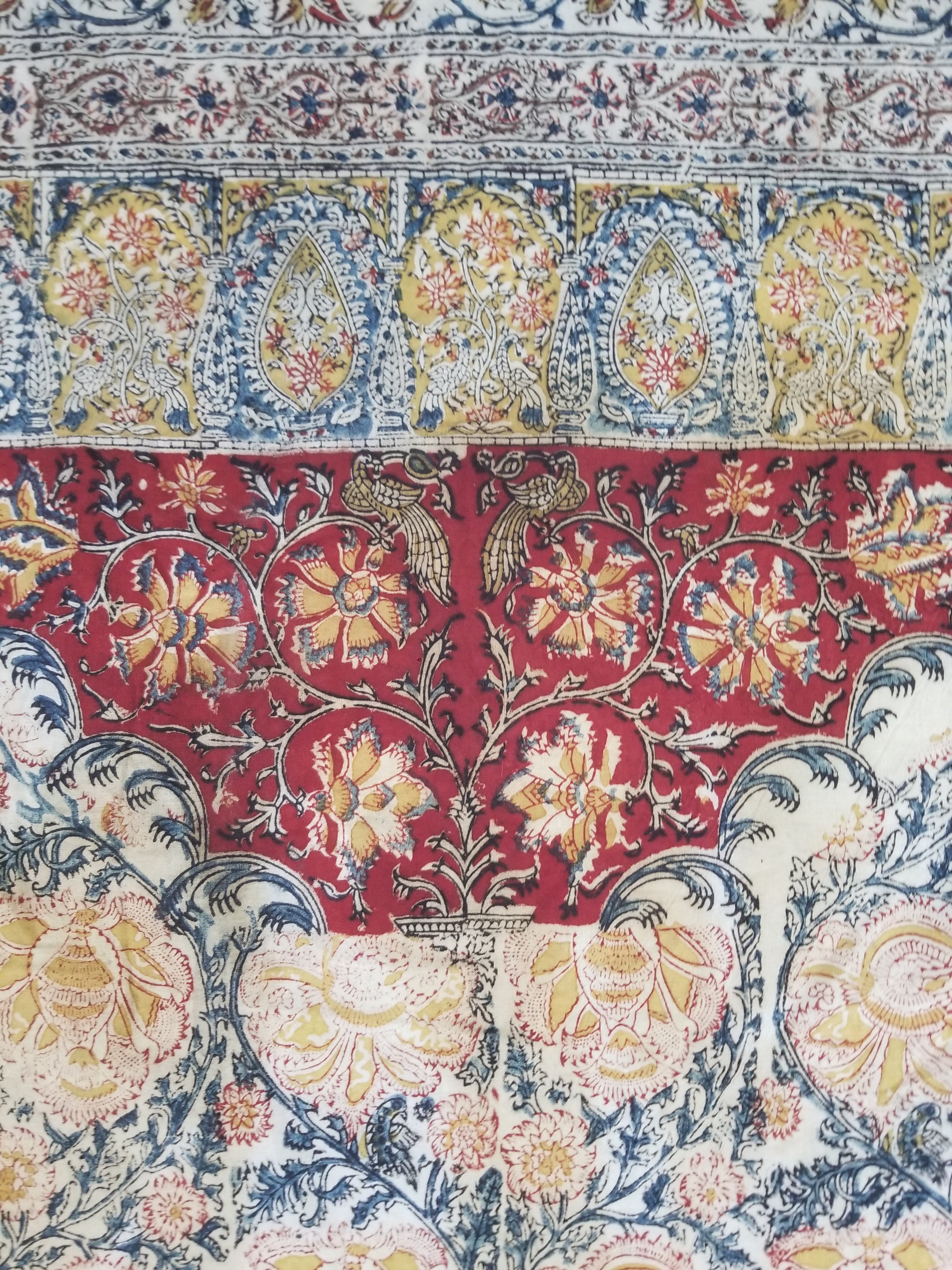 Vintage Indian Kalamkari Hand Block Printed Paisley Besdpread 271x216cm