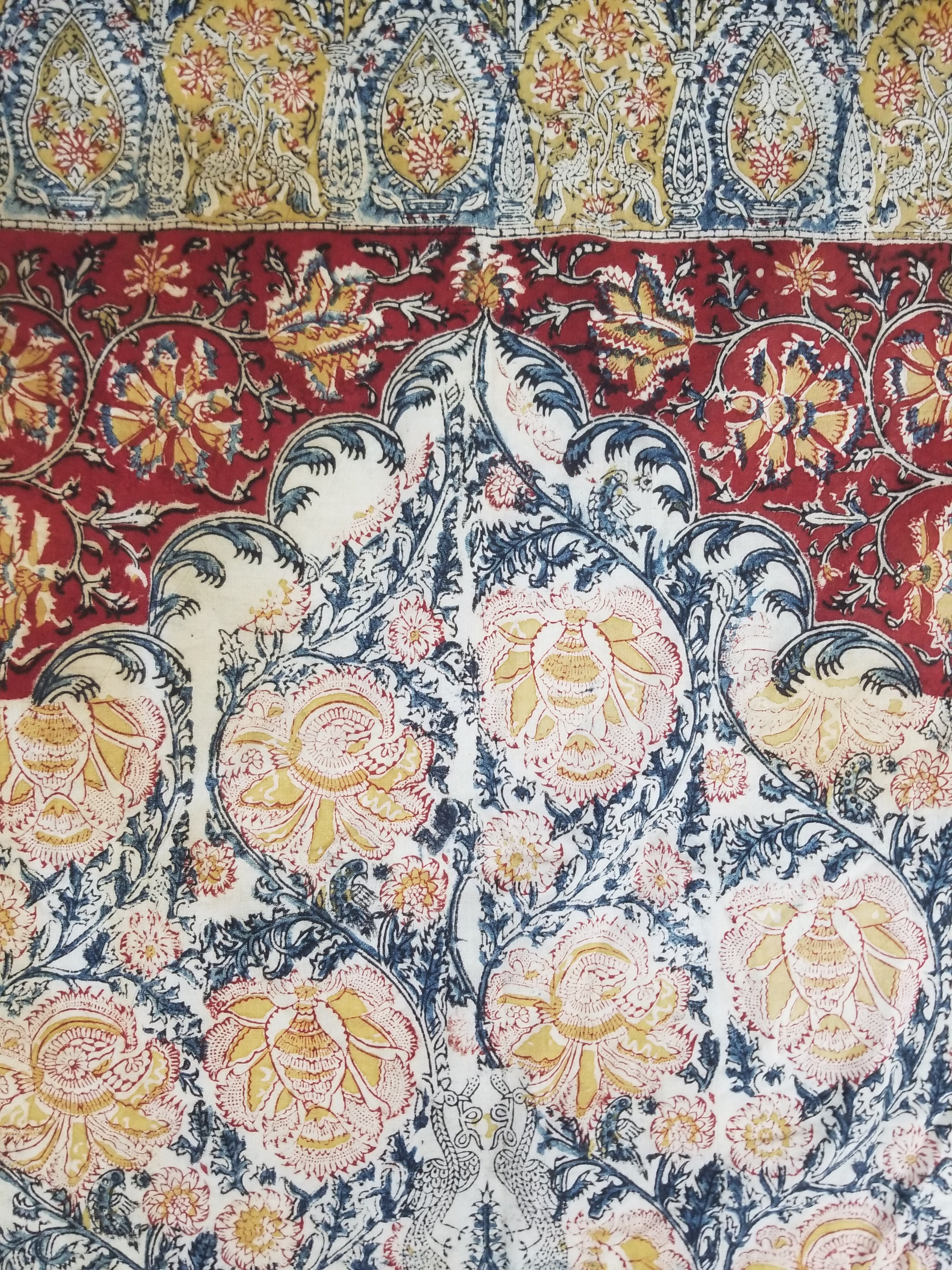Vintage Indian Kalamkari Hand Block Printed Paisley Besdpread 271x216cm