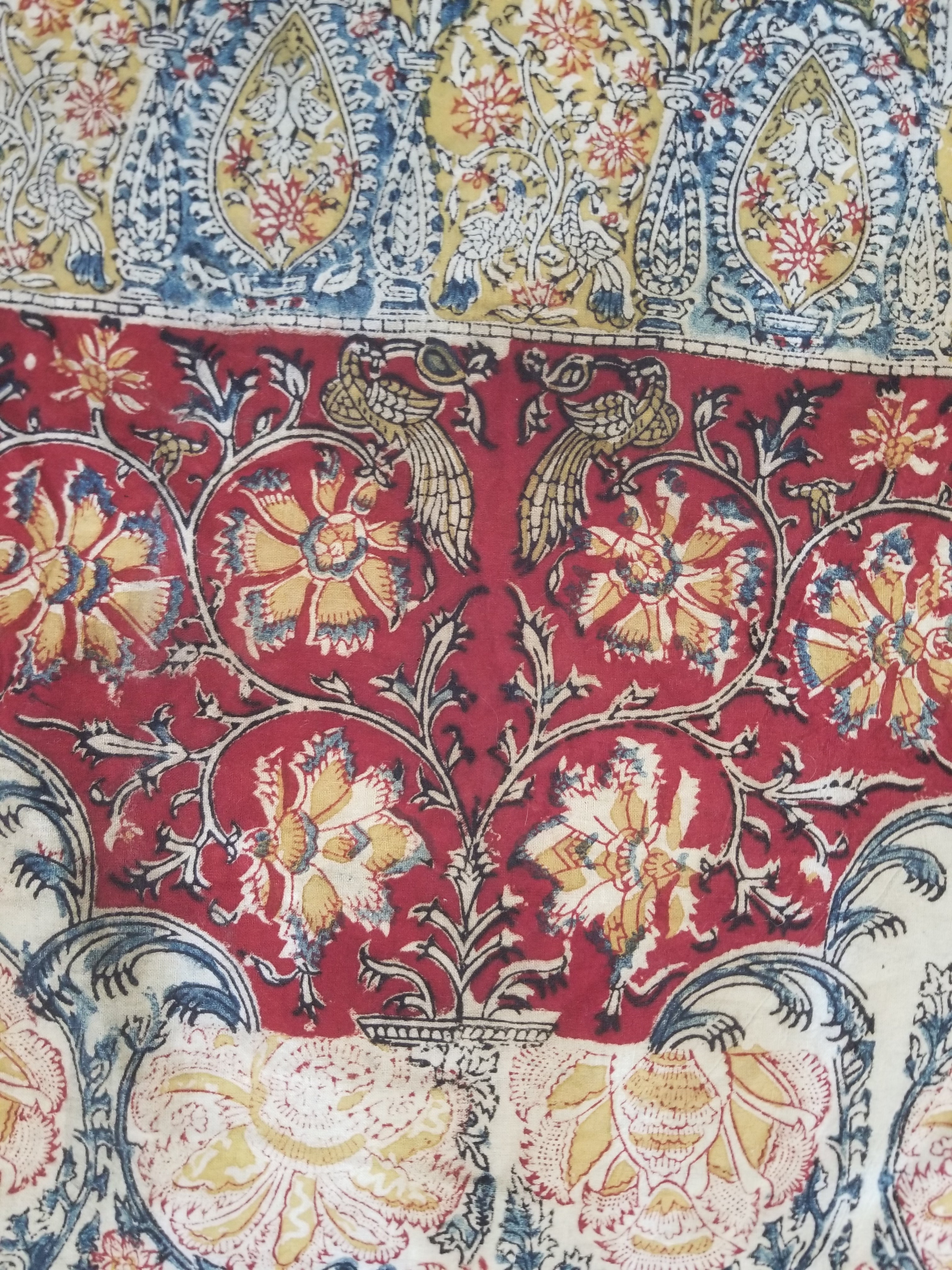 Vintage Indian Kalamkari Hand Block Printed Paisley Besdpread 271x216cm