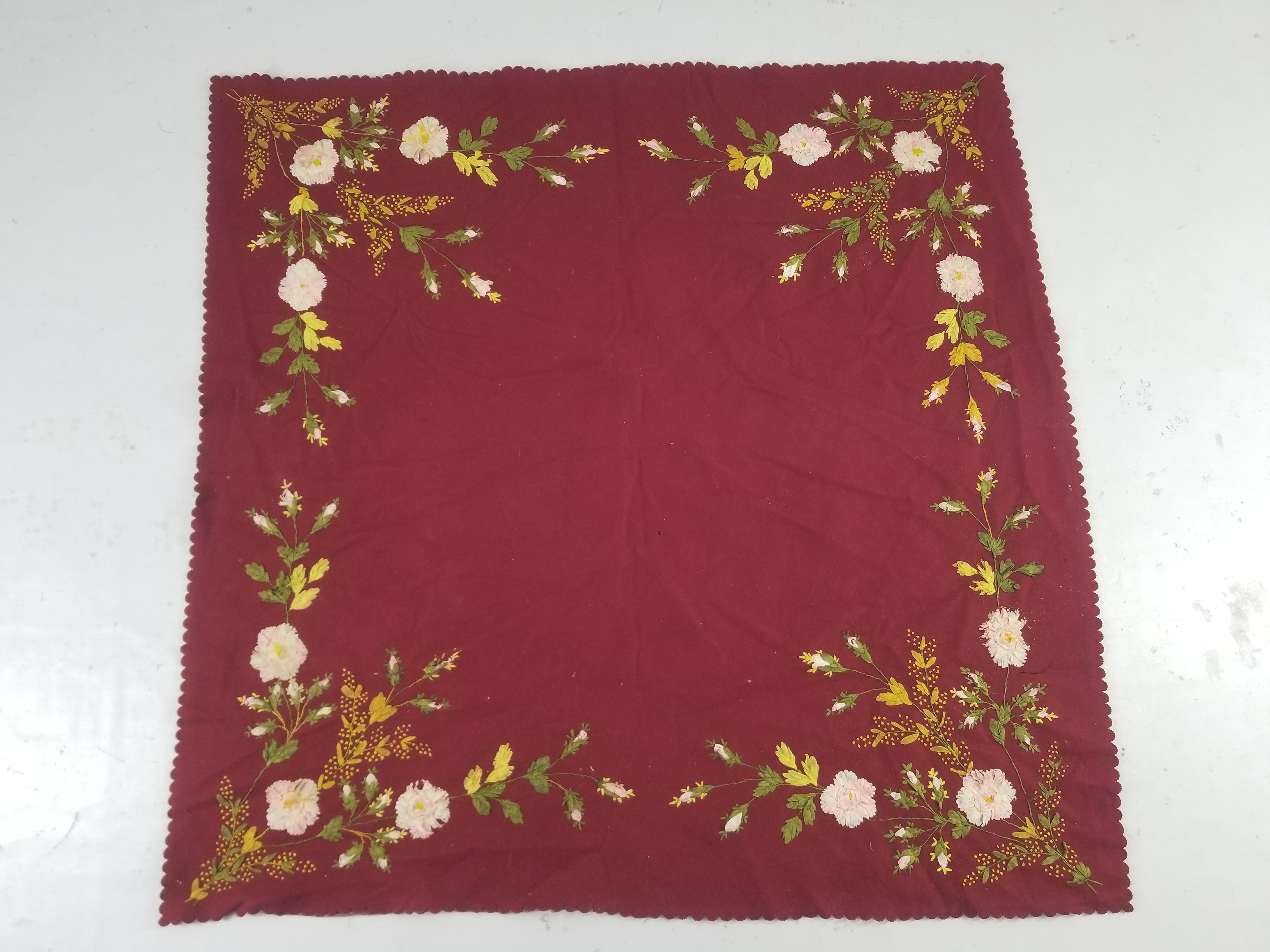 Vintage European Ribbonwork Embroidered Floral Tablecloth 120x120cm