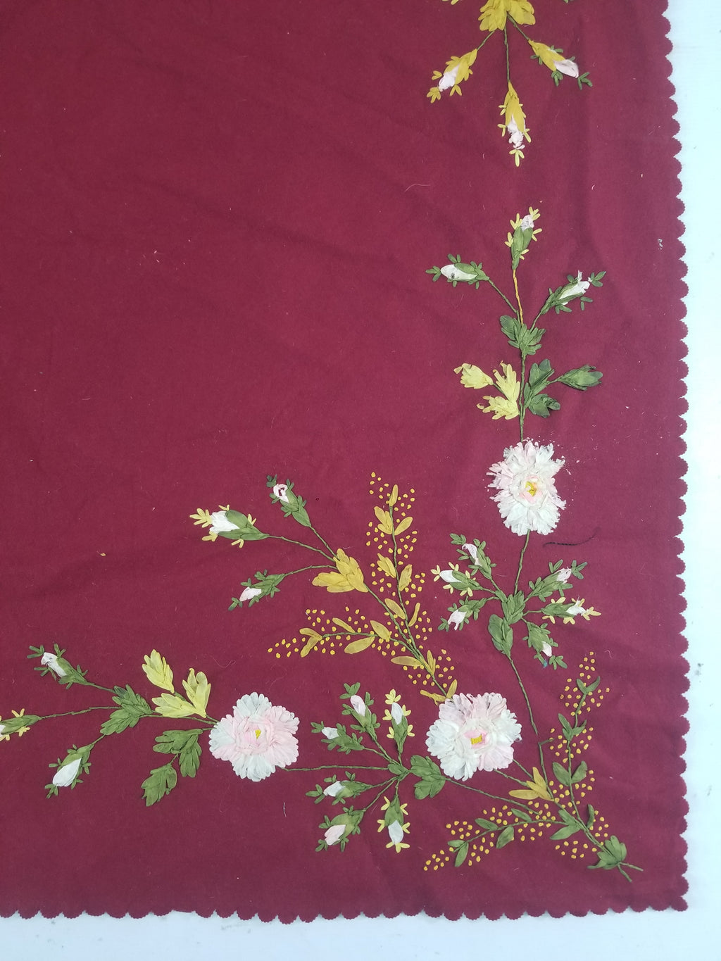 Vintage European Ribbonwork Embroidered Floral Tablecloth 120x120cm