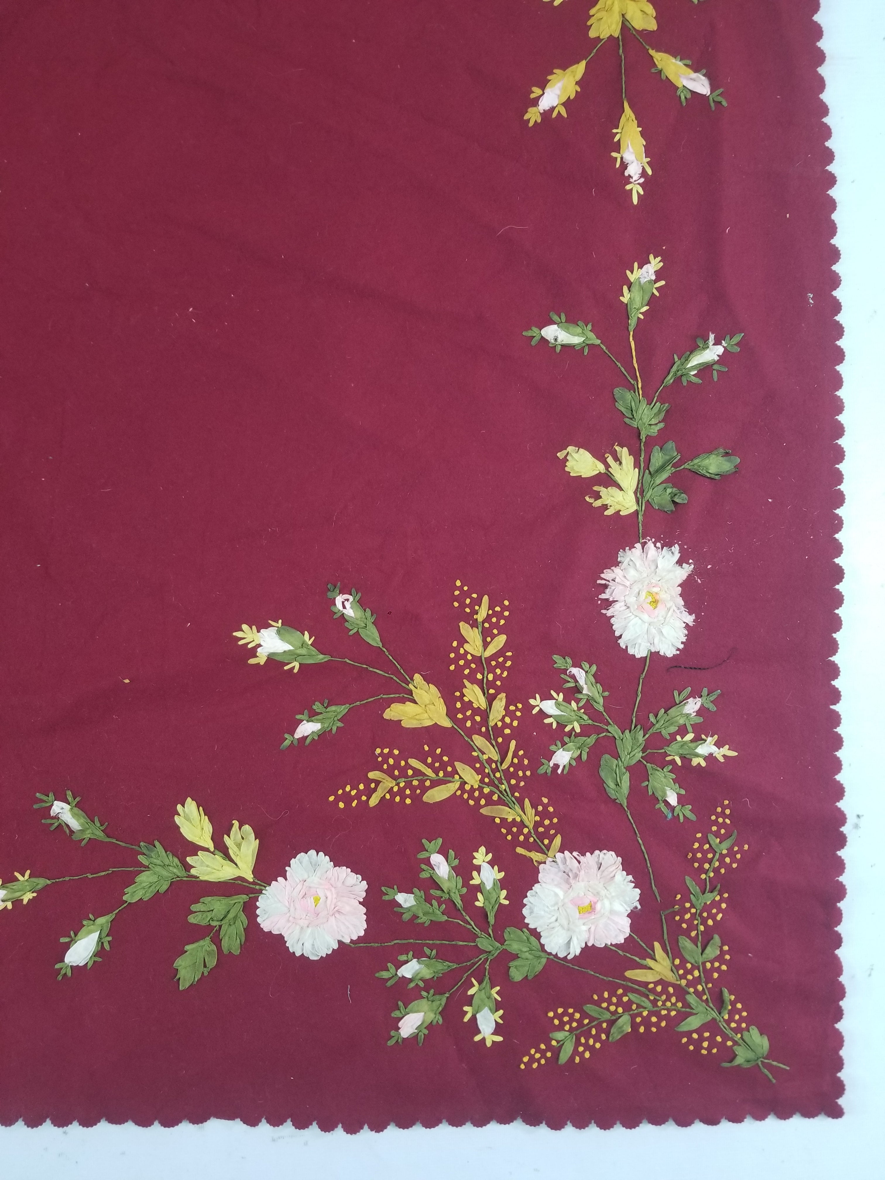 Vintage European Ribbonwork Embroidered Floral Tablecloth 120x120cm