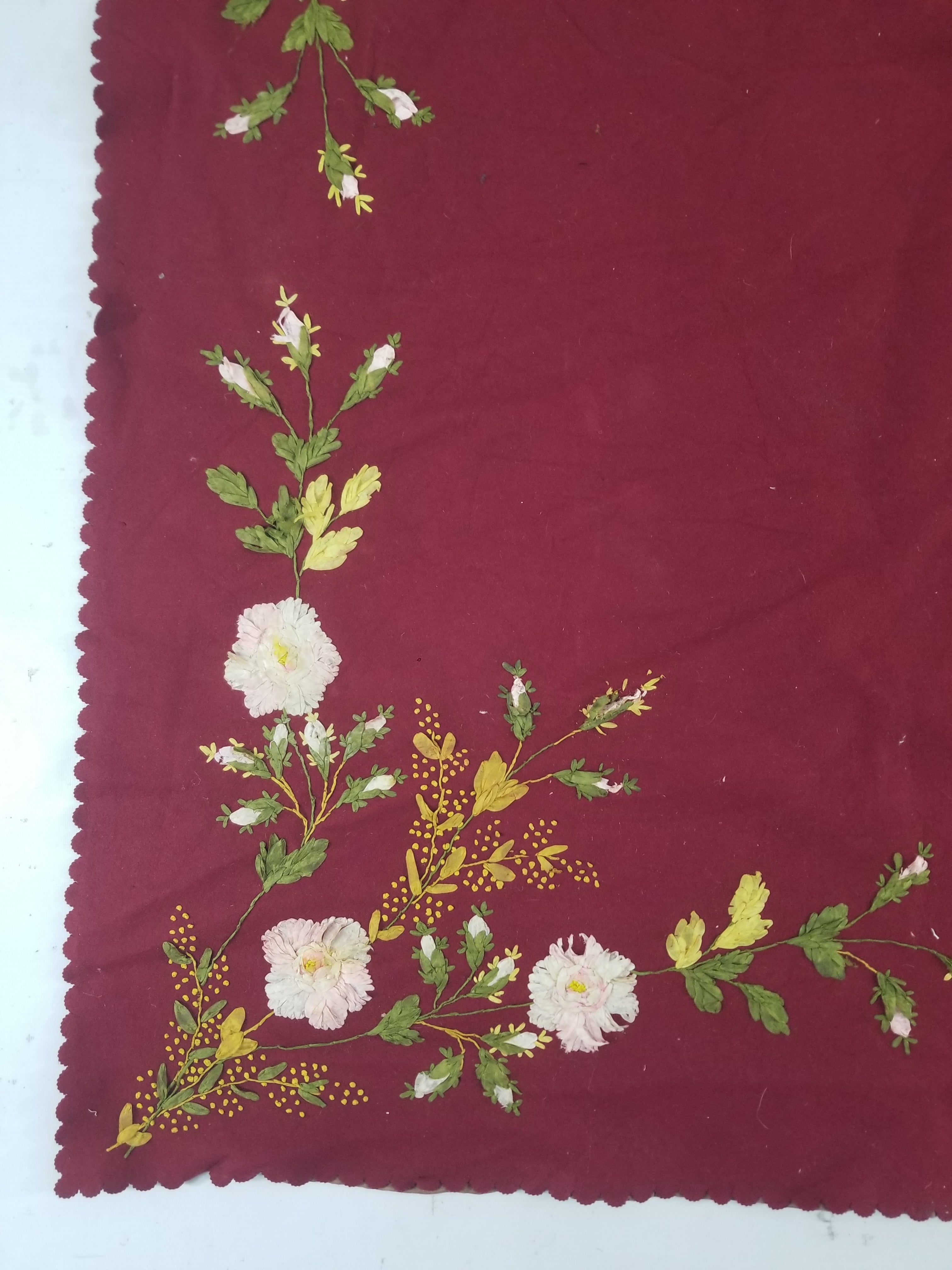 Vintage European Ribbonwork Embroidered Floral Tablecloth 120x120cm