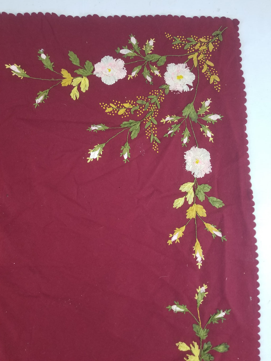 Vintage European Ribbonwork Embroidered Floral Tablecloth 120x120cm