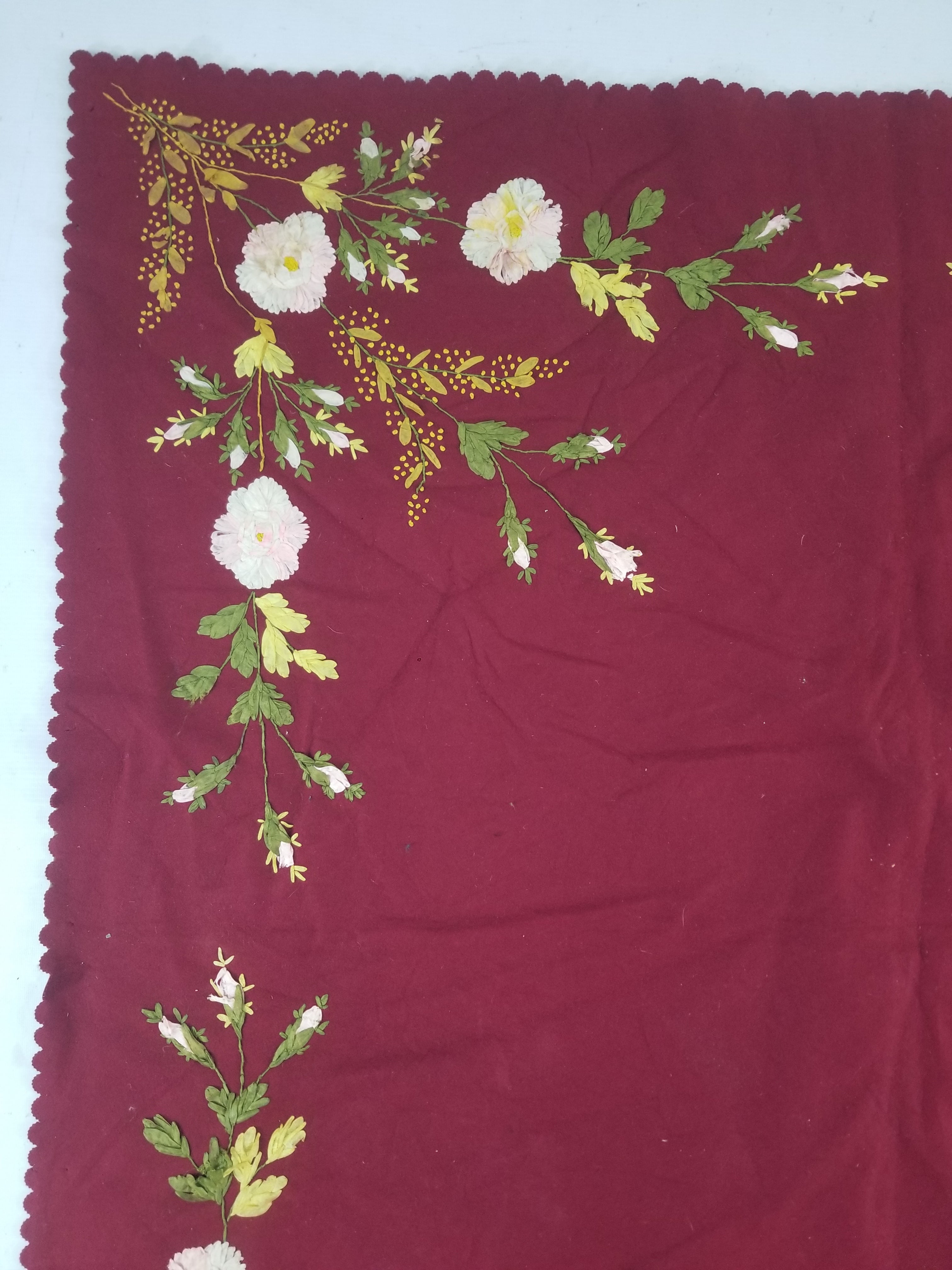 Vintage European Ribbonwork Embroidered Floral Tablecloth 120x120cm
