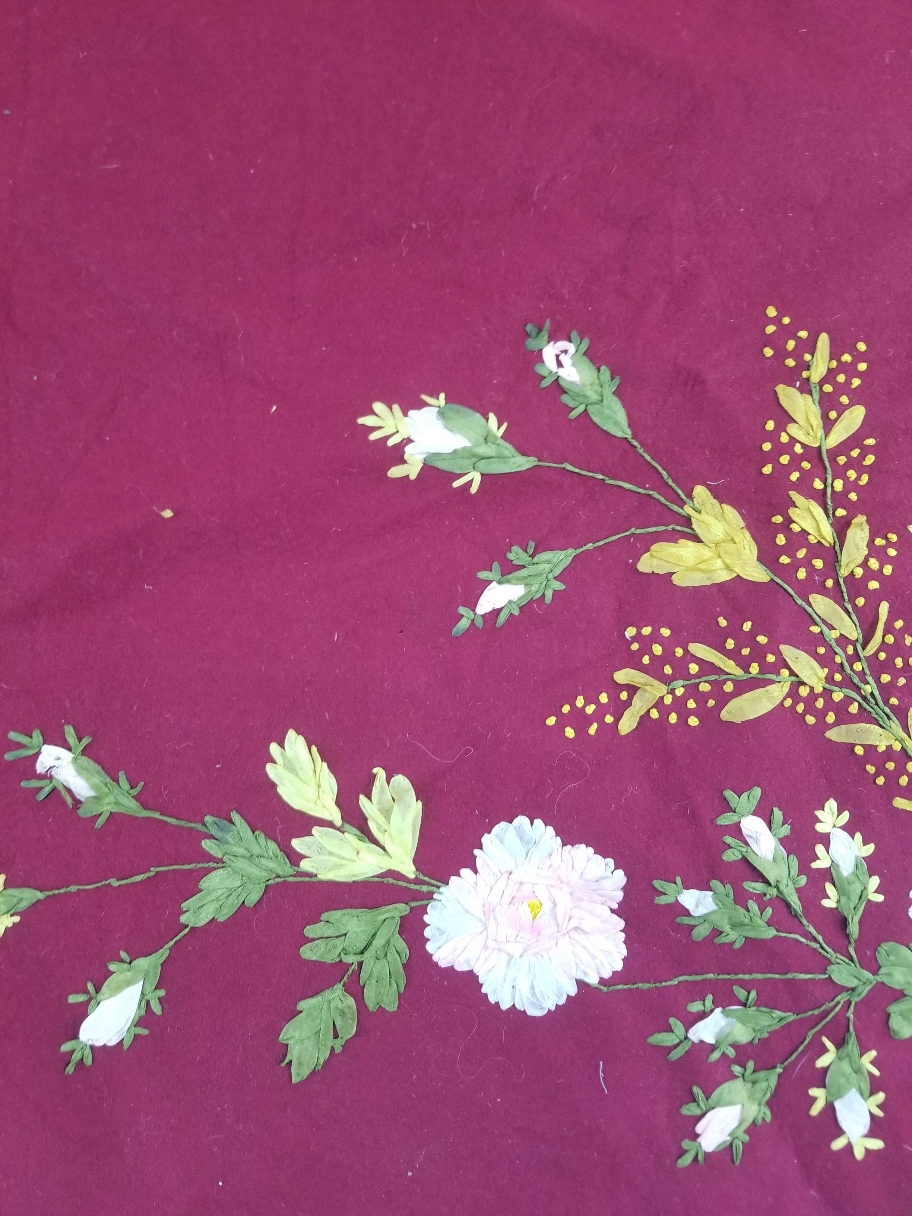 Vintage European Ribbonwork Embroidered Floral Tablecloth 120x120cm