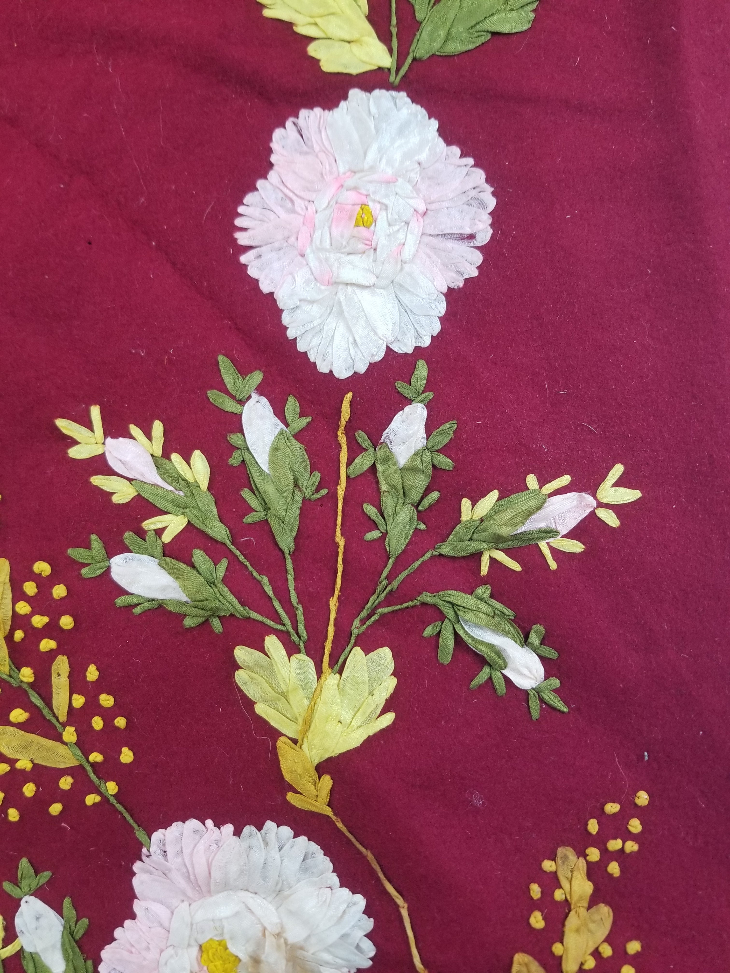 Vintage European Ribbonwork Embroidered Floral Tablecloth 120x120cm