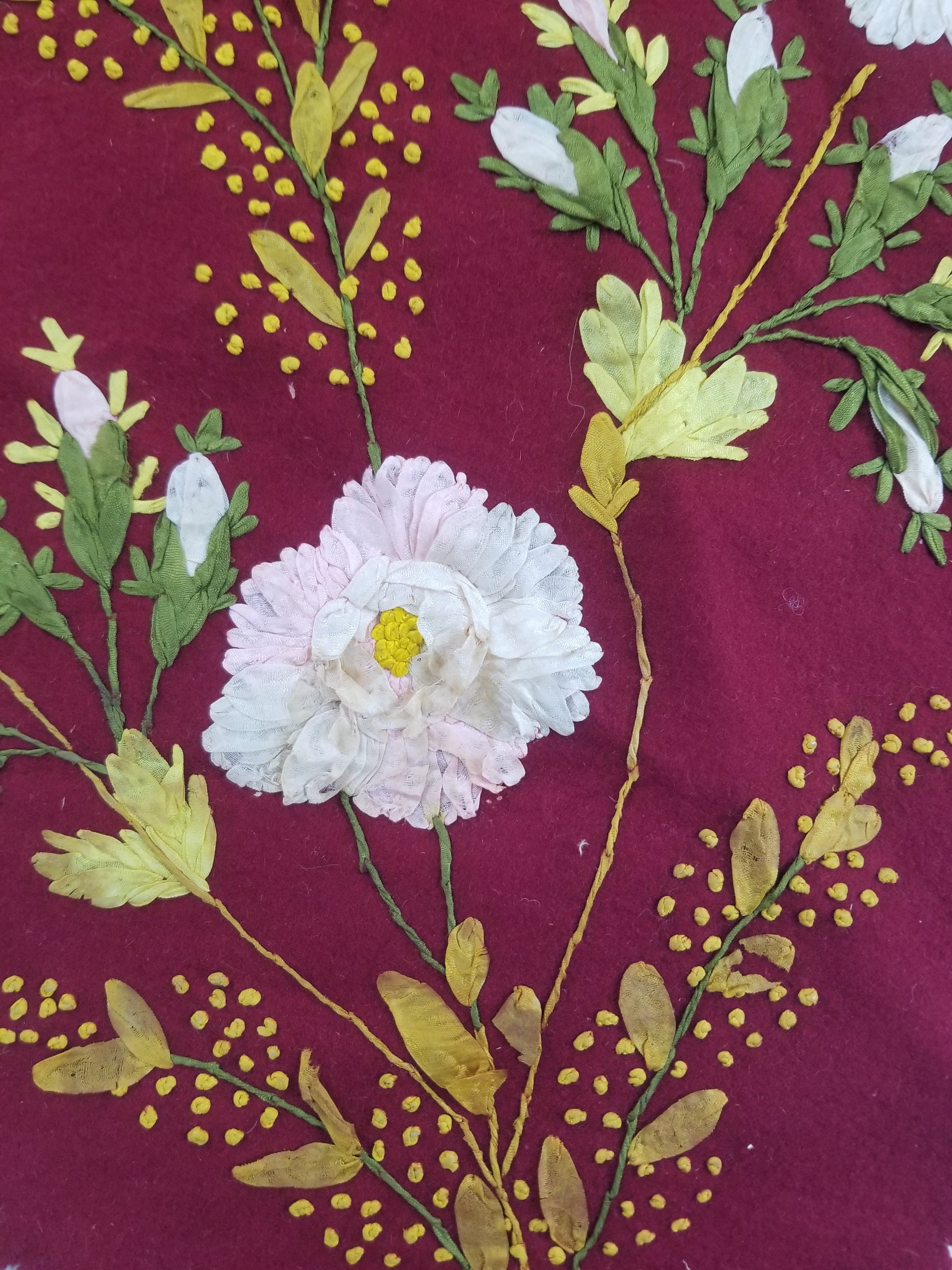 Vintage European Ribbonwork Embroidered Floral Tablecloth 120x120cm