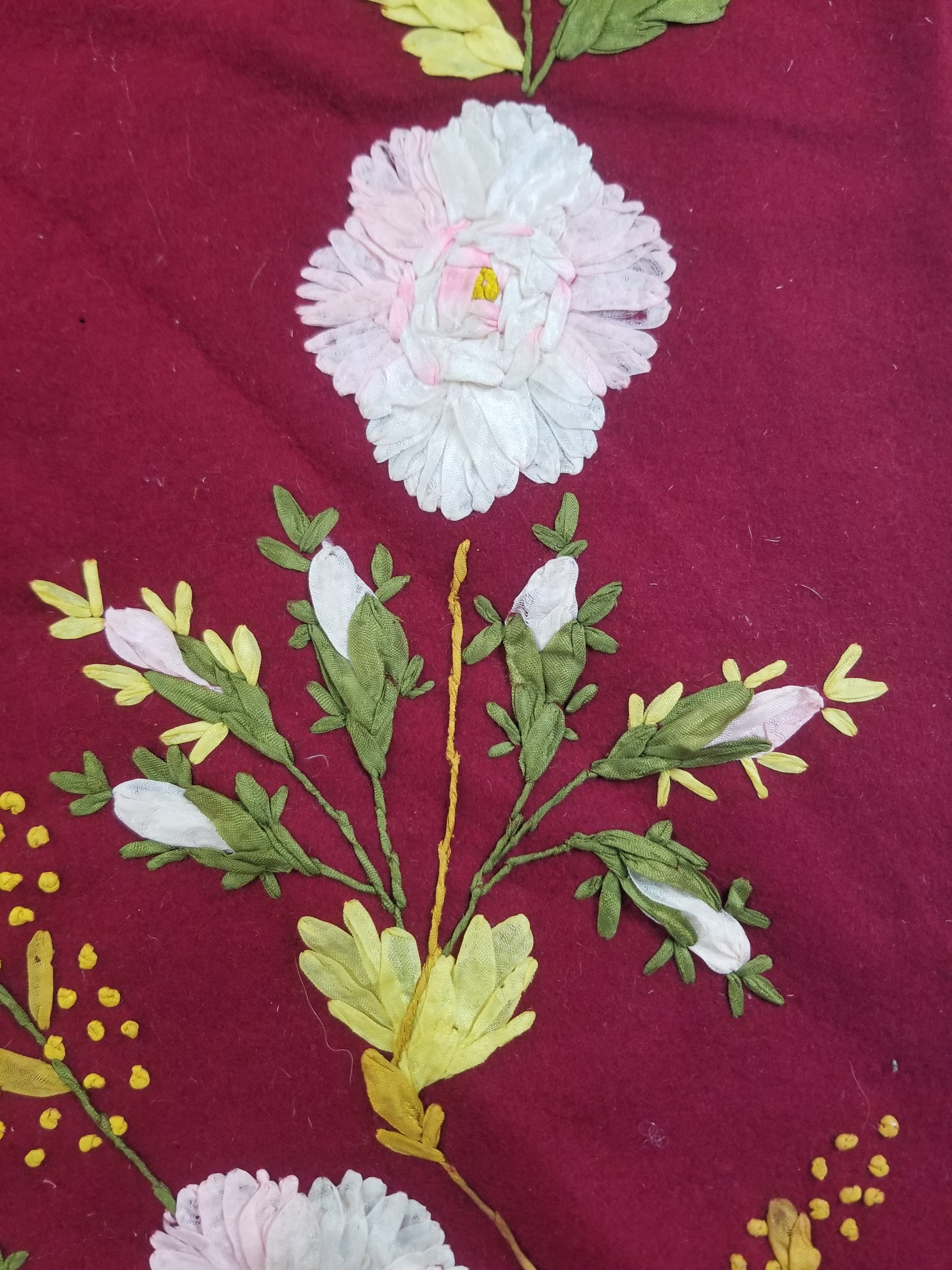 Vintage European Ribbonwork Embroidered Floral Tablecloth 120x120cm