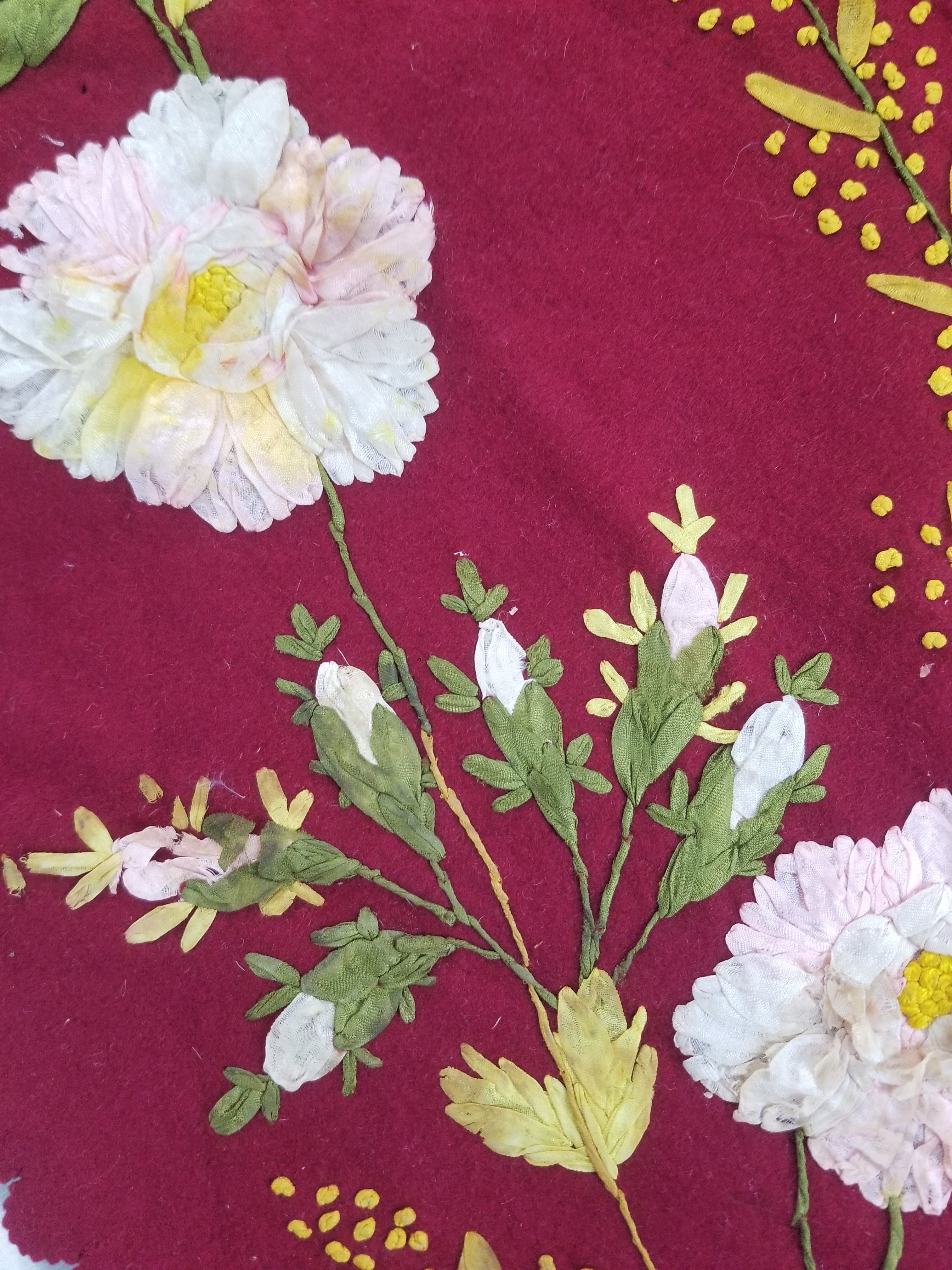 Vintage European Ribbonwork Embroidered Floral Tablecloth 120x120cm