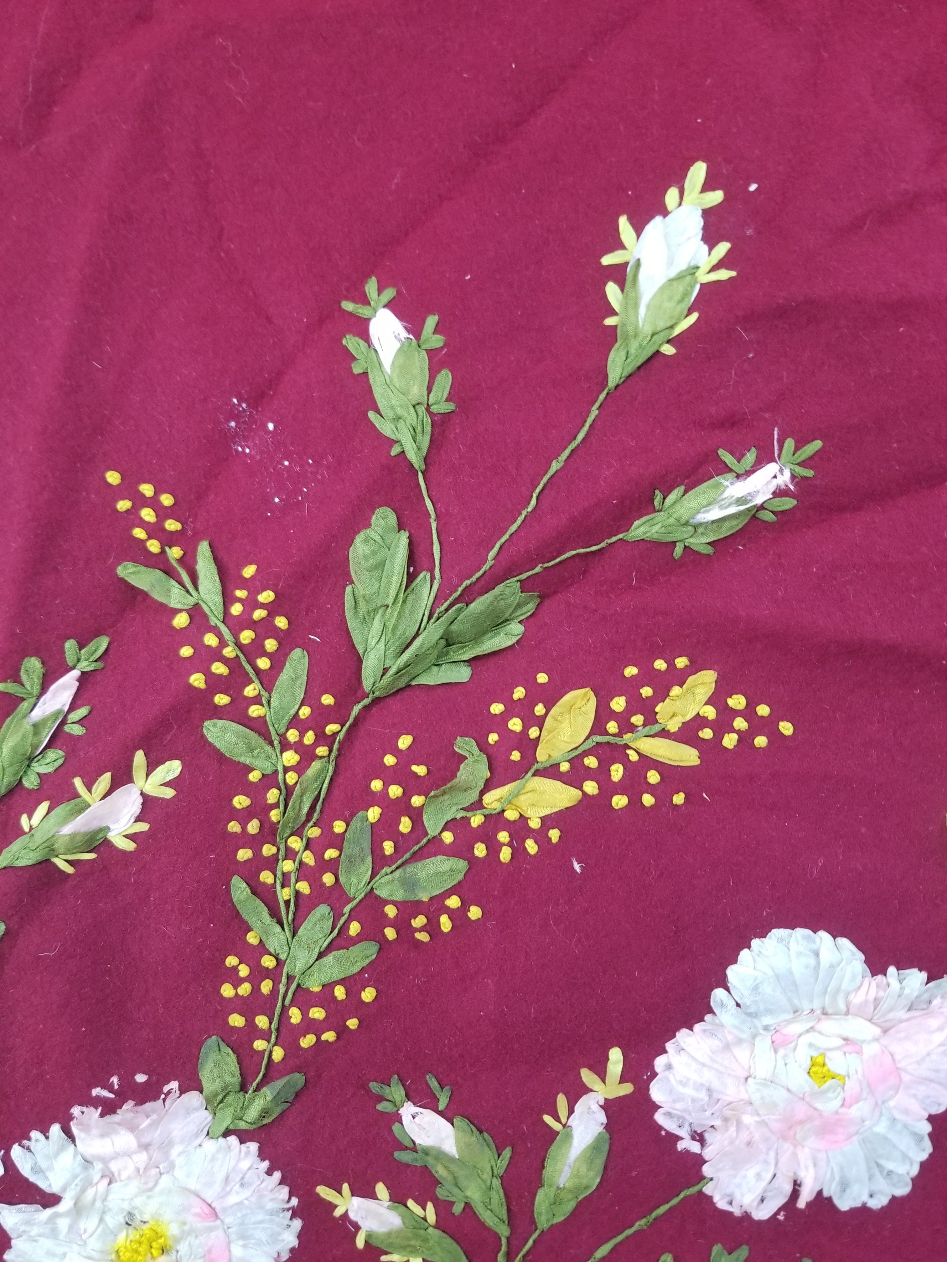 Vintage European Ribbonwork Embroidered Floral Tablecloth 120x120cm