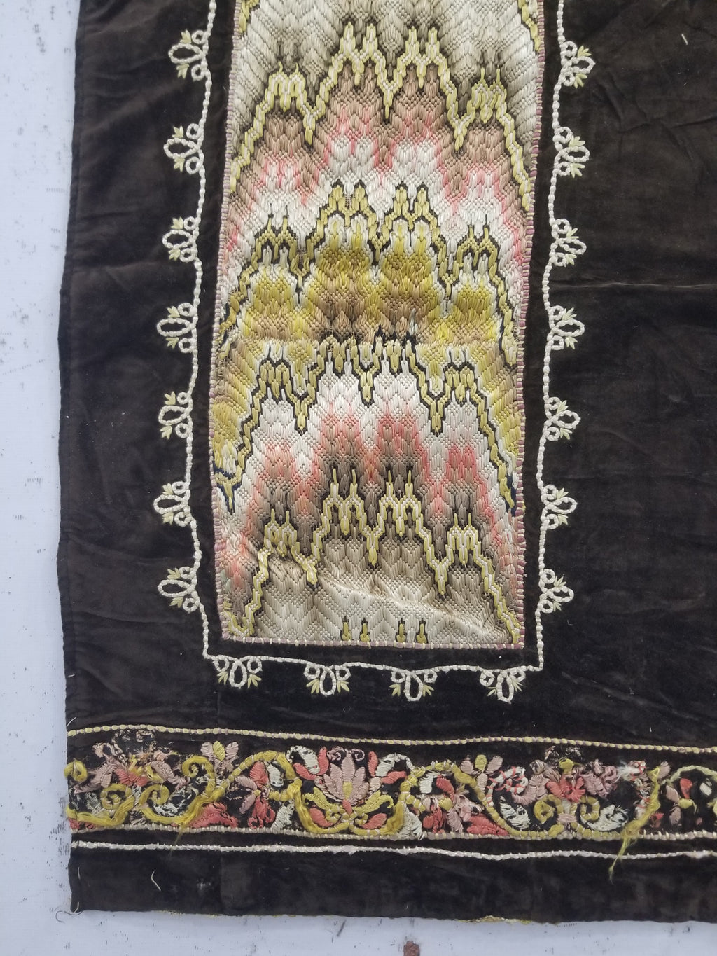 Antique Rare Italian Flame Stitch Velvet Textile Runner 312x56cm