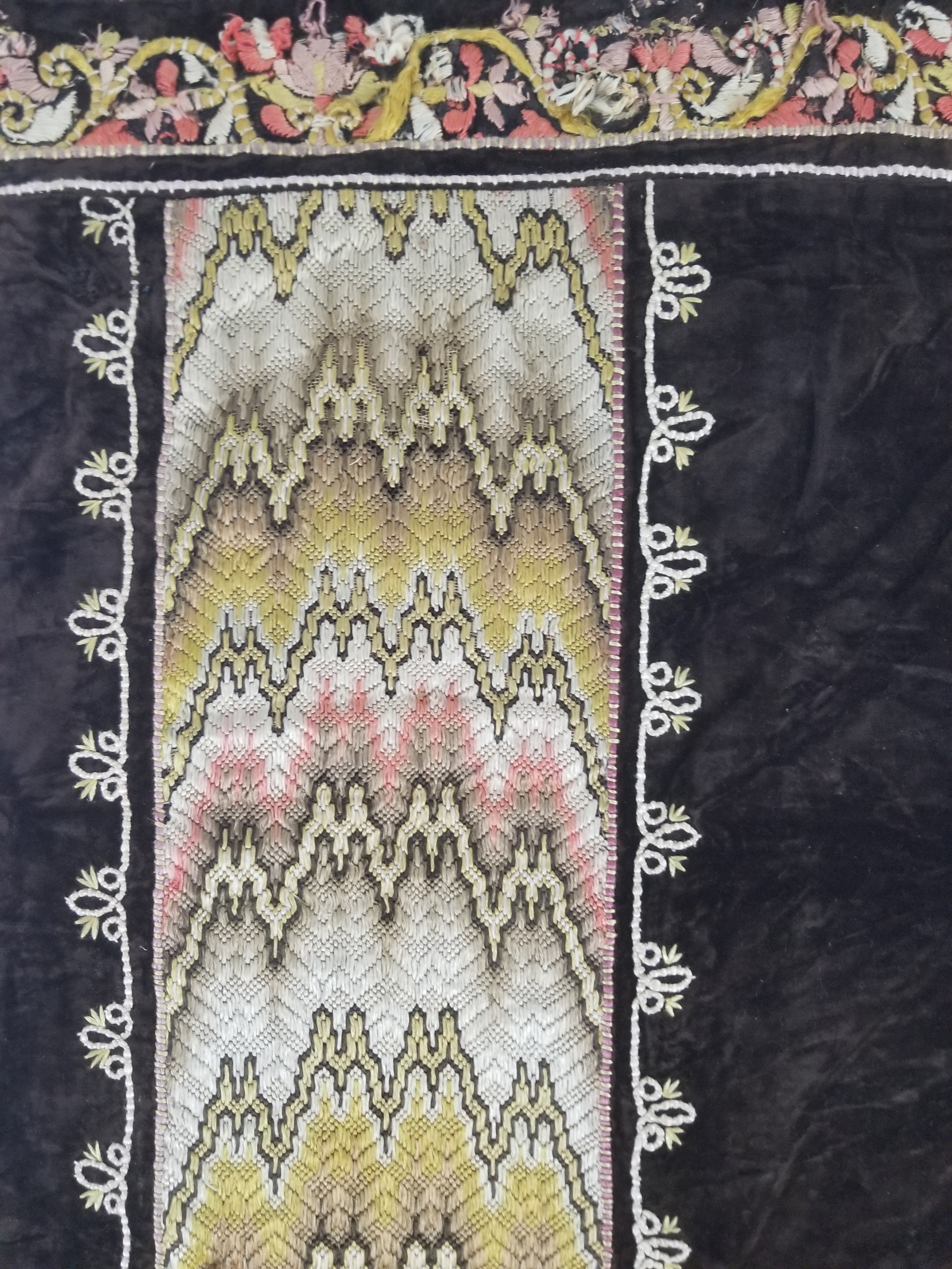 Antique Rare Italian Flame Stitch Velvet Textile Runner 312x56cm
