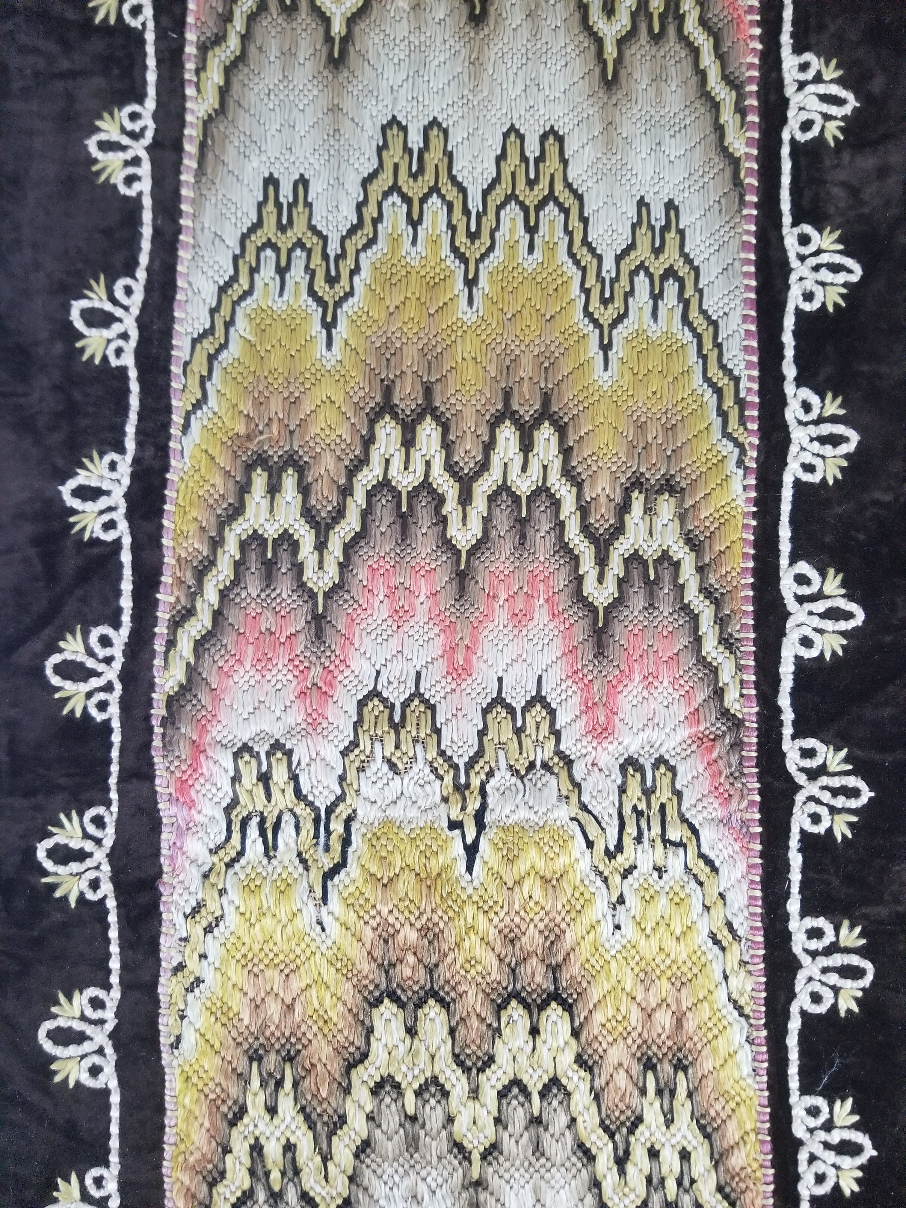 Antique Rare Italian Flame Stitch Velvet Textile Runner 312x56cm